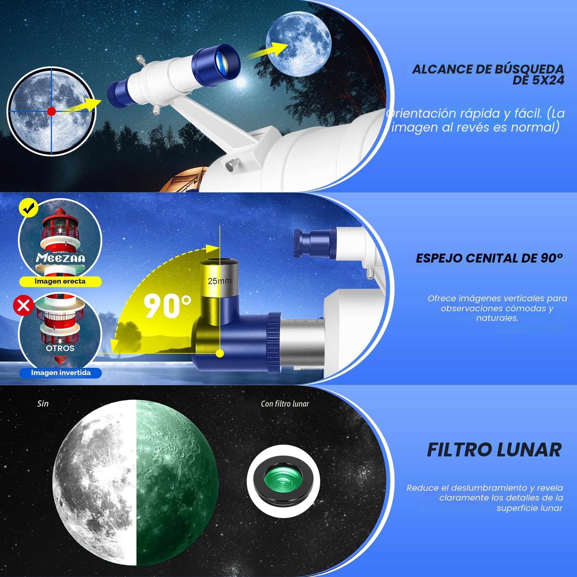 MEEZAA Telescopio, Telescopio Astronómico Adultos Profesional, 90/550mm Telescopios Refractor Portátil para Niños y Principiantes con Trípode, Filtro Lunar, Adaptador de Teléfono y Bolsa de Transporte