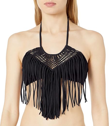 Luli Fama Women's Heart of a Hippie Weave Fringed Halter Bikini Top