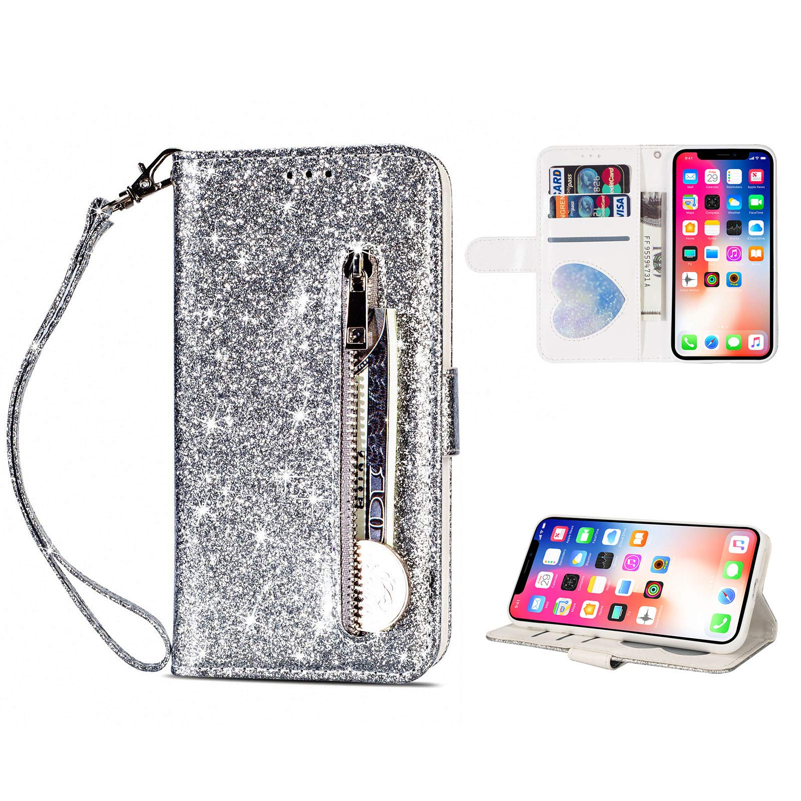 Techcircle Glitter Case for iPhone Xs Max Bling PU Leather Folio Stand Flip Cover Zipper Pocket Wristlet Wallet Case with Card Slots for Apple iPhone
