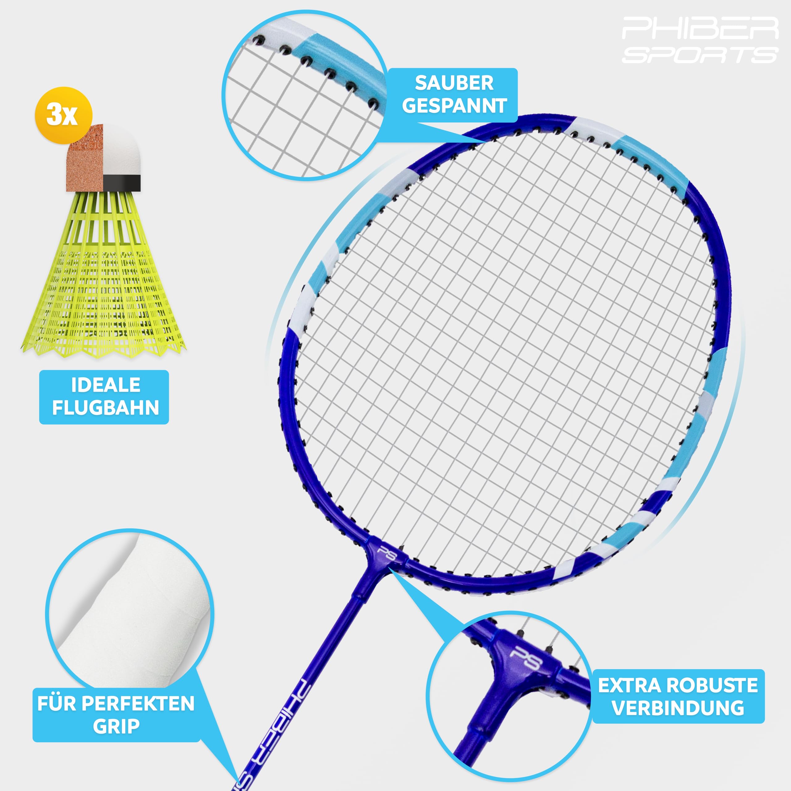 PHIBER-SPORTS Badminton Schläger Set - 2X Badmintonschläger + 3X Federbälle + Tasche - Robustes Federball Set für Garten & Park - Ideal für Anfänger & Profis (Badminton Schläger Set)