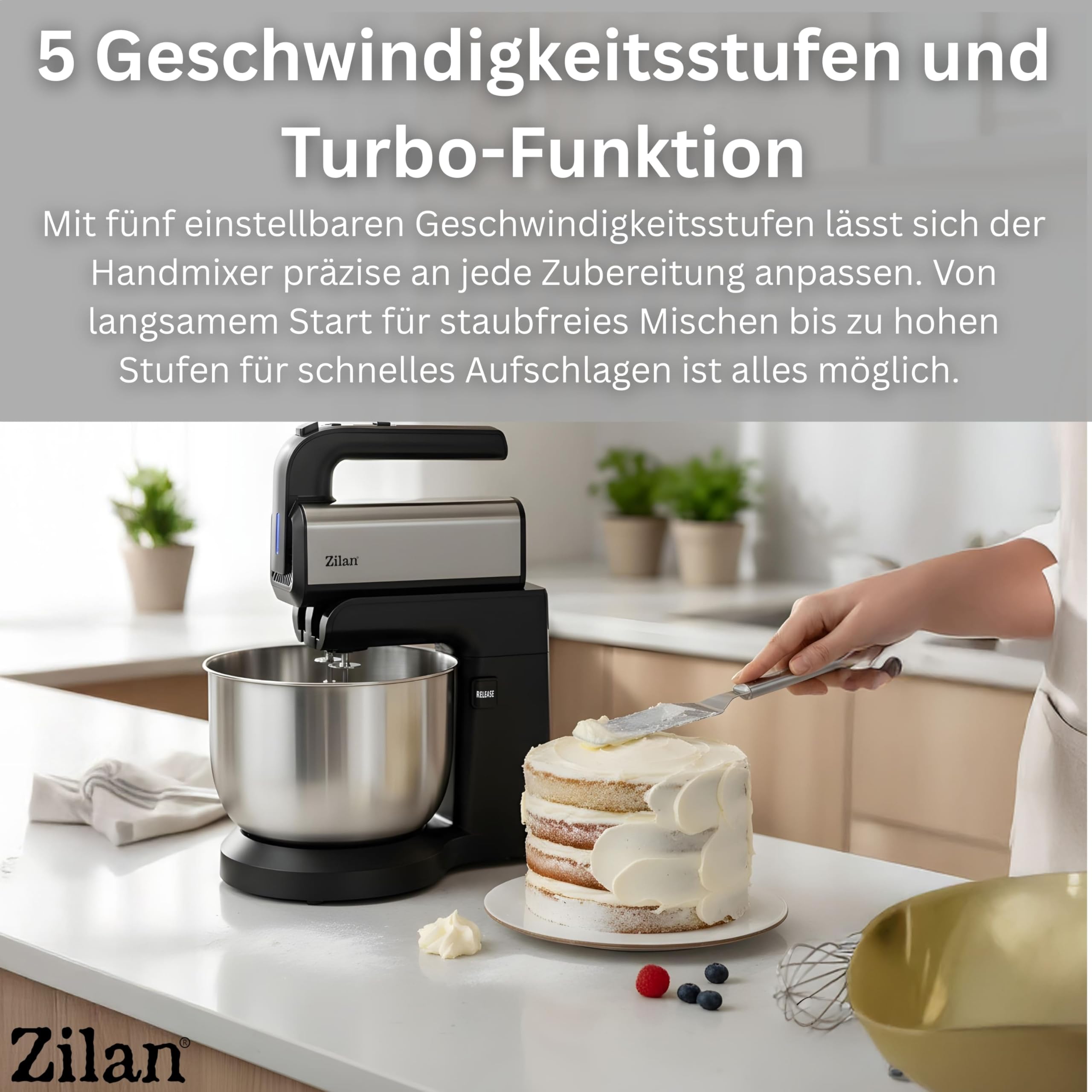 Handmixer mit Rührschüssel 500W – Elektrischer Handrührer mit 3,5 L Edelstahl-Schüssel Knetmaschine automatischer Rotation, 5 Stufen, Turbo 2x Rührhaken & Knethaken Küchenmixer Teigknetmaschine