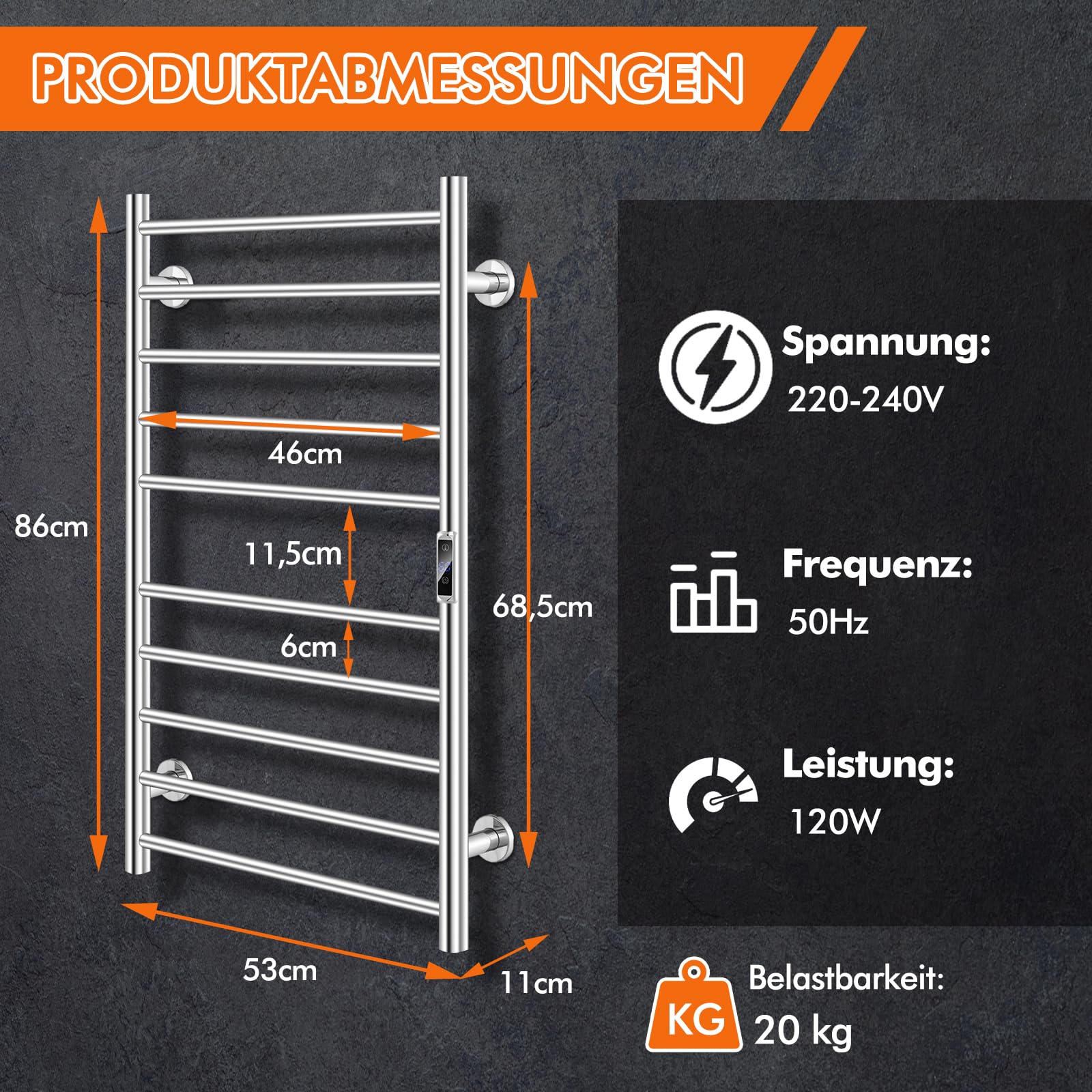 COSTWAY Handtuchwärmer Elektrisch 120W, Handtuchhalter Heizkörper, 15 Minuten bis 60℃, 8 Stunden Timer & Überhitzungsschutz, mit LED Display (Edelstahl 201, 53 cm x 11 cm x 86 cm)