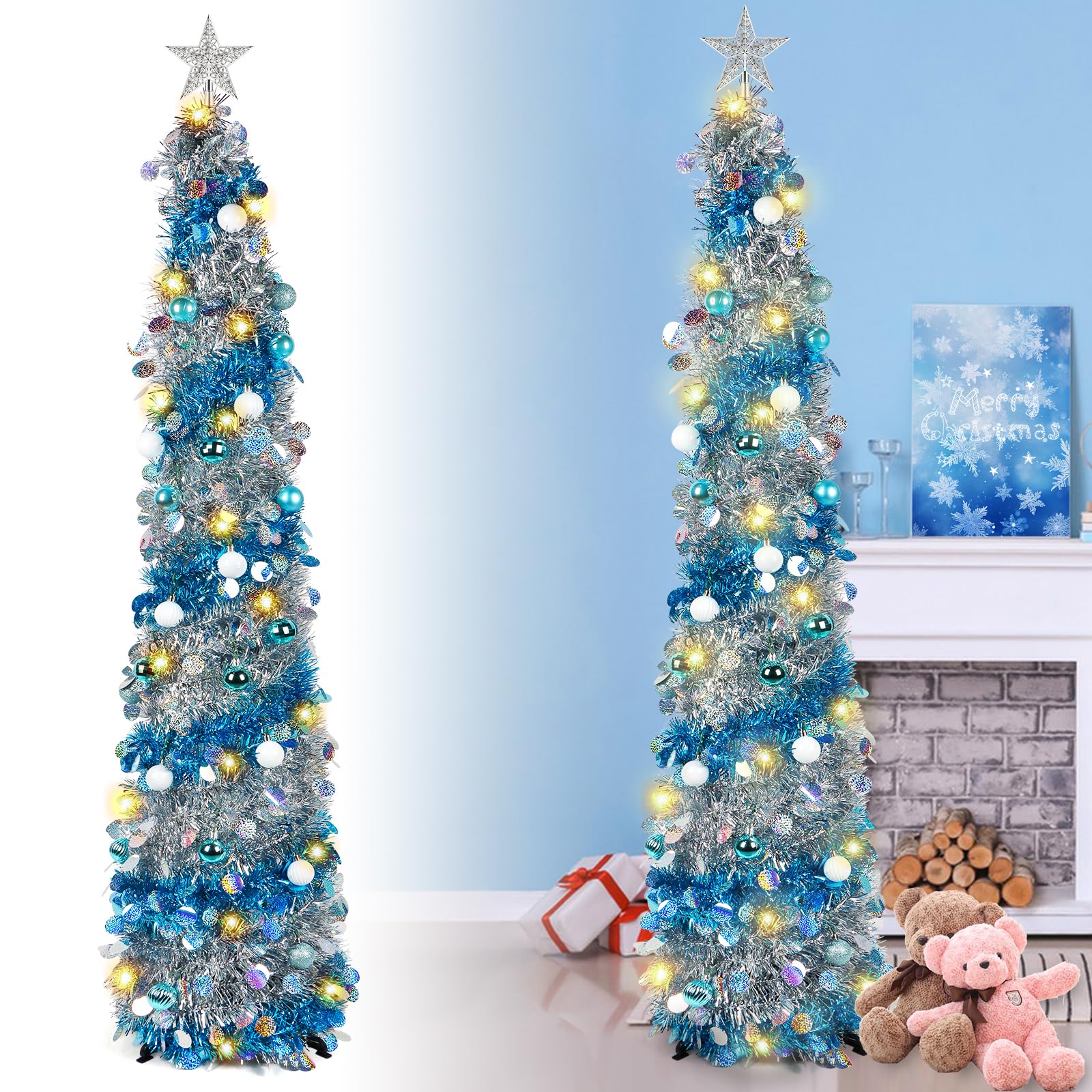 Kalolary Collapsible 5FT Christmas Tree with Blue Silver Tinsel, Decoration Balls, for Home Party & Indoor Decoration