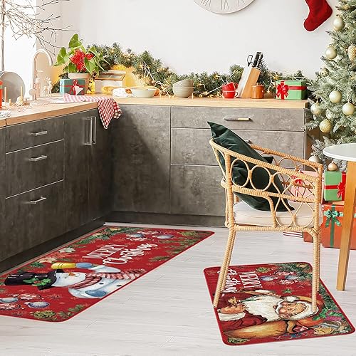 Miniatura 4 de Juego de 2 alfombras y tapetes de cocina con texto en inglés "Merry Christmas", tapete para fregadero de invierno y vacaciones, tapete para cocina,