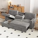 Convertible Sleeper Sofa 3 in 1, Chenille Modern L-Shaped Couches for Living Room, Pull Out Sectional Futon Sofa Bed with Storage Space, USB Ports and Cup Holders for Bedroom, Grey