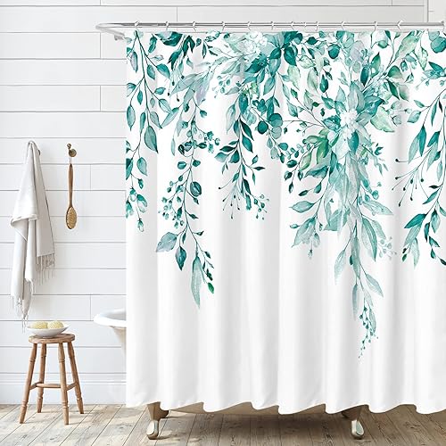 Miniatura 19 de Tititex - Juego de cortinas de ducha de hojas de eucalipto verde con cierres de presión, sin ganchos, forro interior verde, hojas de acuarela en la