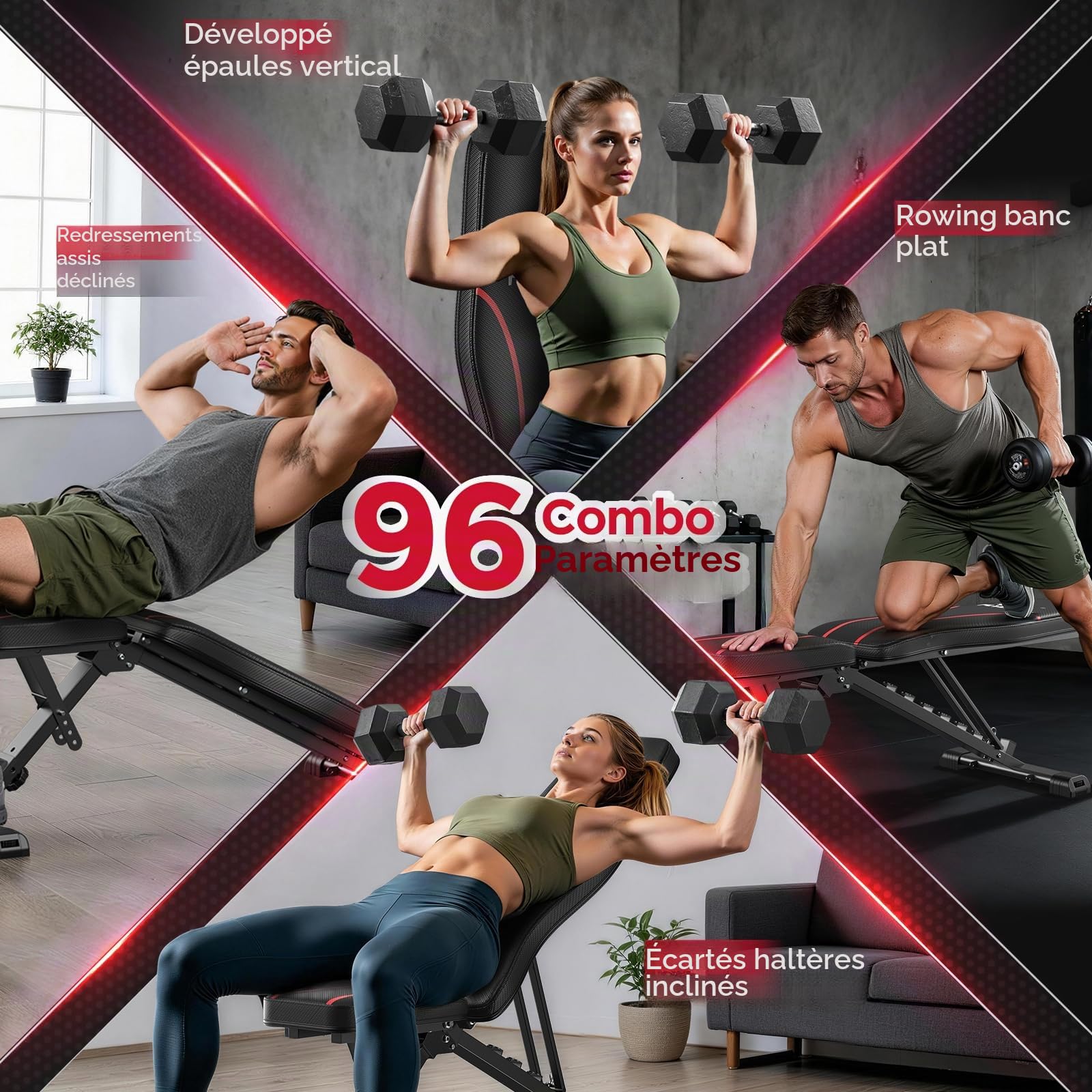 Banc de musculation réglable, pliable et facile à ranger, positions plate/inclinée/déclinée/verticale pour entraînement complet du corps chez vous et au bureau, pré-monté à 80%