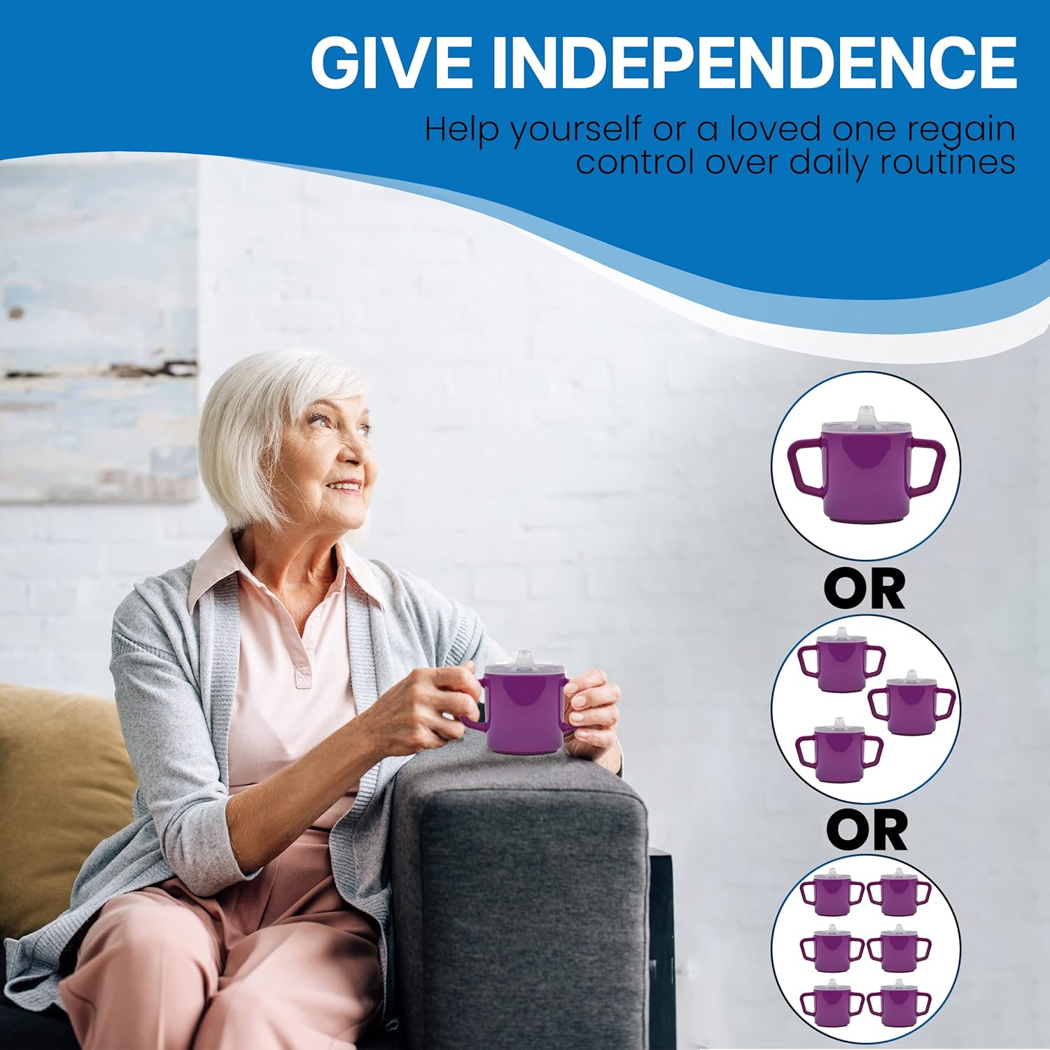 Providence Spillproof Brand Compact 8oz Adult Sippy Cup with 2 Handles - Sip Cups for Adults for Limited Mobility - Handicapped Accessory Cups for Elderly Care - Made in the USA - Purple - 3