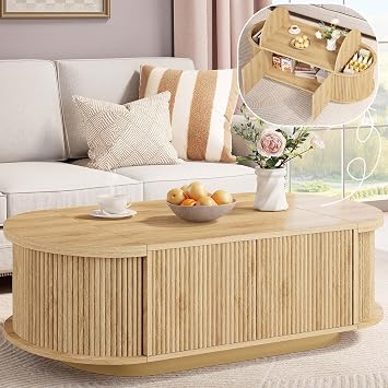 HSH 47" Oval Coffee Table with Storage, Oak Coffee Table for Living Room