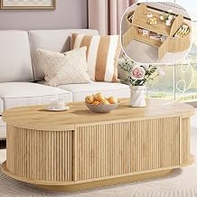 HSH Farmhouse Oval Coffee Table with Storage, 47 Modern Coffee Table with Press Type Door, Fluted Living Room Tables with 2 Flip-Top Hidden Lids, Wood Center Table for Living Room, Office Oak