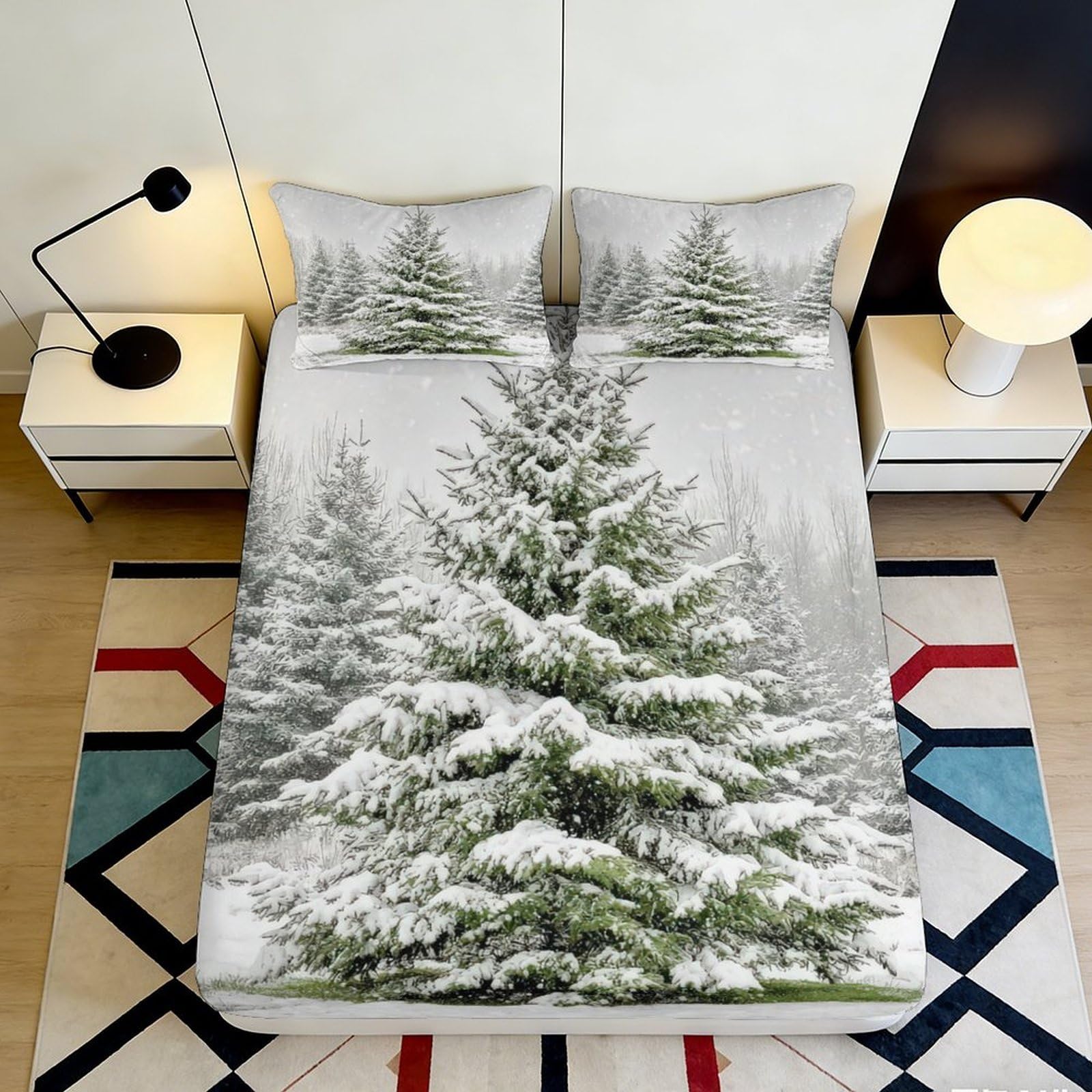 3D Printed Snowy Pine Tree Fitted Sheet Microfiber Soft Breathable Winter Forest Bed Cover for Bedroom Dormitory Guest Room Mattress Protection 140x200x25cm