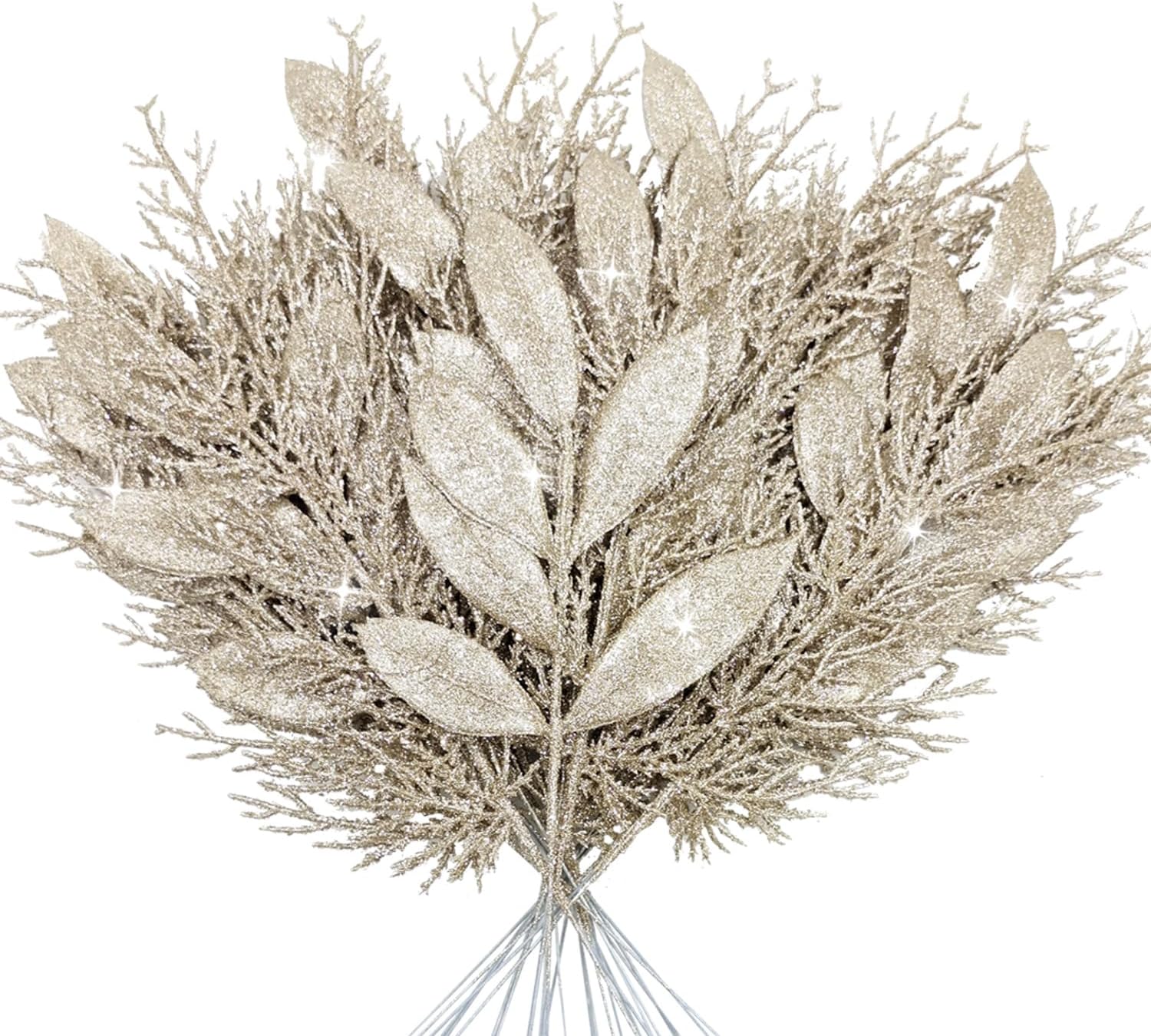 24 Pcs Christmas Tree Picks Sprays Glitter Artificial Leaf Picks Fake Christmas Floral Cedar Branches for Home Christmas Tree Crafts DIY Garland Wreath Winter Xmas Decoration (Champagne)