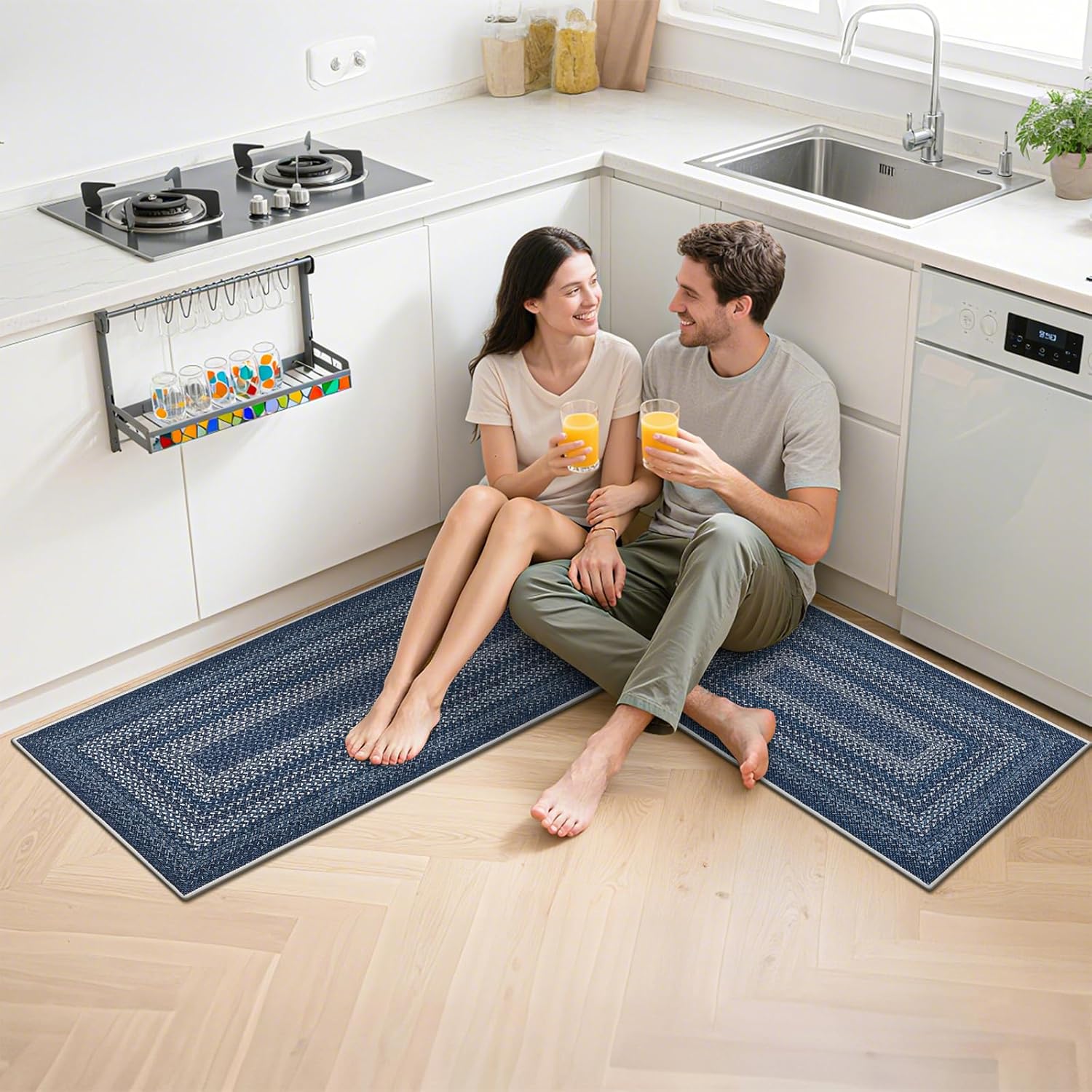 HEBE Washable Kitchen Rugs Sets of 3, Non Slip Absorbent Kitchen Rugs and Mats, Farmhouse Stain Resistant Faux Jute Kitchen Mat Carpet Runner for Kitchen Floor, Laundry Room, Hallway, Blue