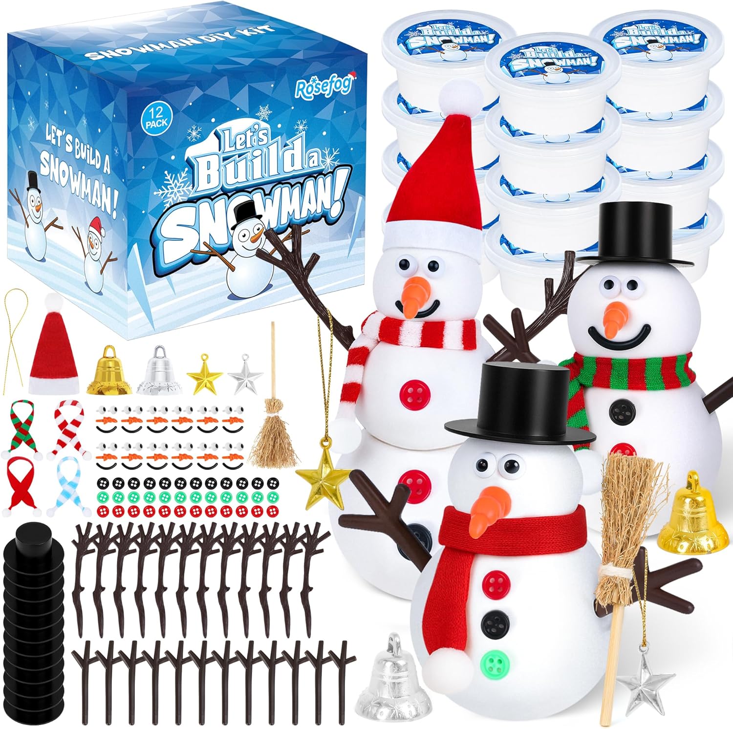 12 Pack Christmas Crafts for Kids, Build a Modeling Clay Snowman Kit, DIY Indoor Christmas Party Favors, Air Dry Clay Art Activity Present for Stocking Stuffers Party Favor Winter Holiday