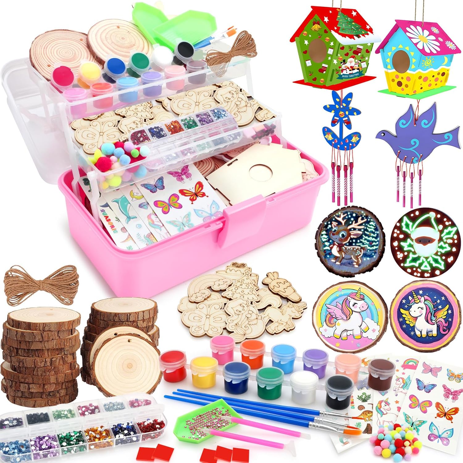 Luucio Wooden Painting Kit for Kids, Arts and Crafts for Kids Ages 3-12 with 33 PCS Wooden Craft Shapes, Diamond Crafts Sets, Craft Box, Creative Crafts Kits for Kids Girls Birthday Christmas Gifts