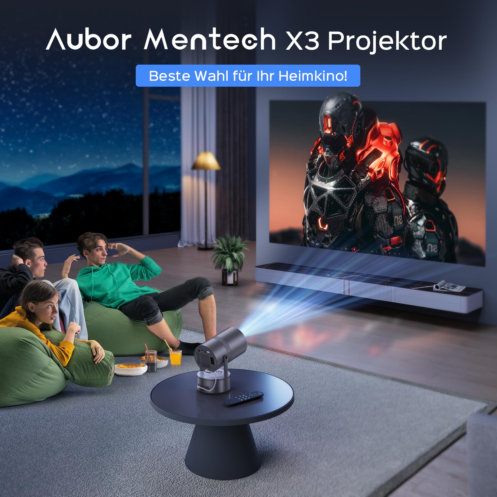 [Batterie intégrée] Aubor Mentech Mini vidéoprojecteur 4K Home Cinéma, Mini projecteur, vidéoprojecteur WiFi6 et BT5.2 avec Android OS, correction trapézoïdale automatique, angle de 180 degrés, écran