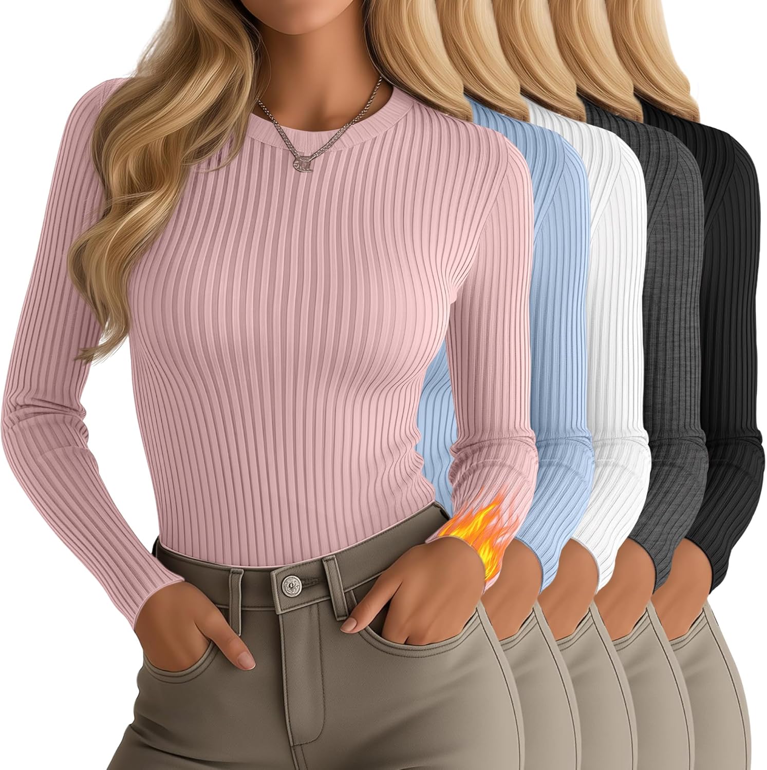 5 Pack Women's 90% Cotton Thermal Shirts Long Sleeve Ribbed Fleece Lined Underwear Tops Slim Fit Warm Base Layer