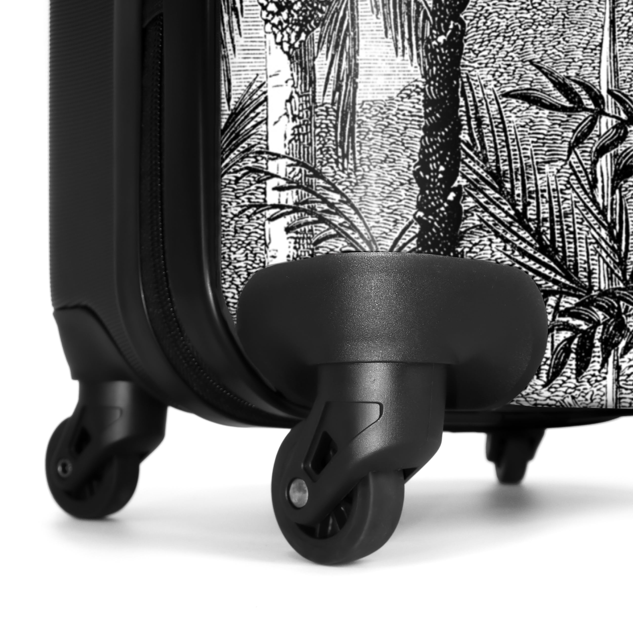 NoBoringSuitcases© Valigia bagaglio a mano | Trolley per cabina leggera, 4 ruote, motivo palme vintage, lucchetto combinazione, resistente ai raggi UV, 55-35-20 cm