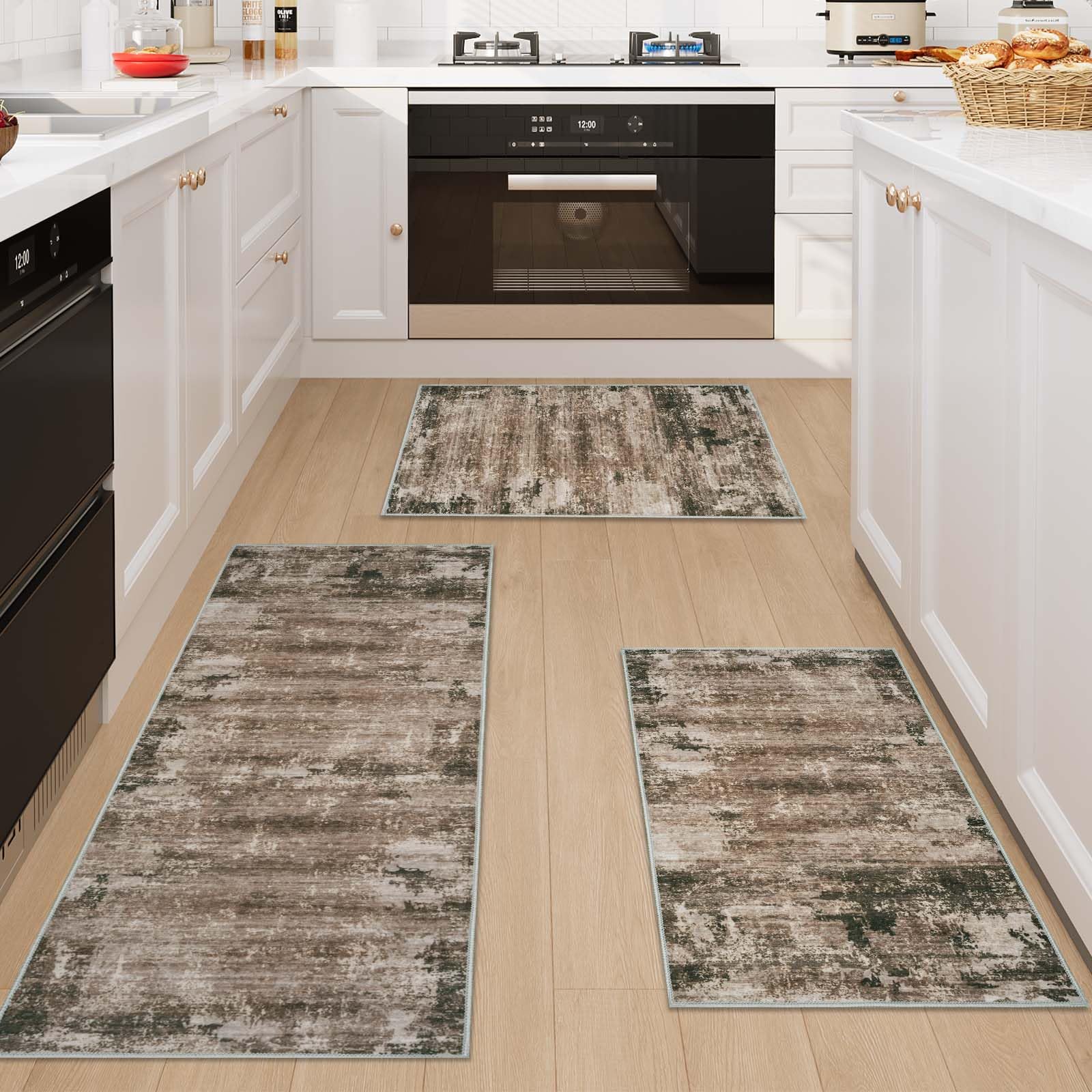 Famibay Kitchen Rug Sets 3 Piece Kitchen Mats Non Slip Washable Kitchen Runners Floor Mat Red Brown Modern Abstract for Kitchen Laundry Room Hallway 50x120cm+50x80cm+50x80cm