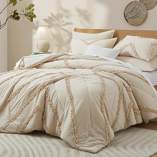 Miniatura 2 de BEDAZZLED Juego de edredón King  Edredón beige con volantes de 5 piezas, ropa de cama en una bolsa, edredón de cama texturizado, elegante juego de