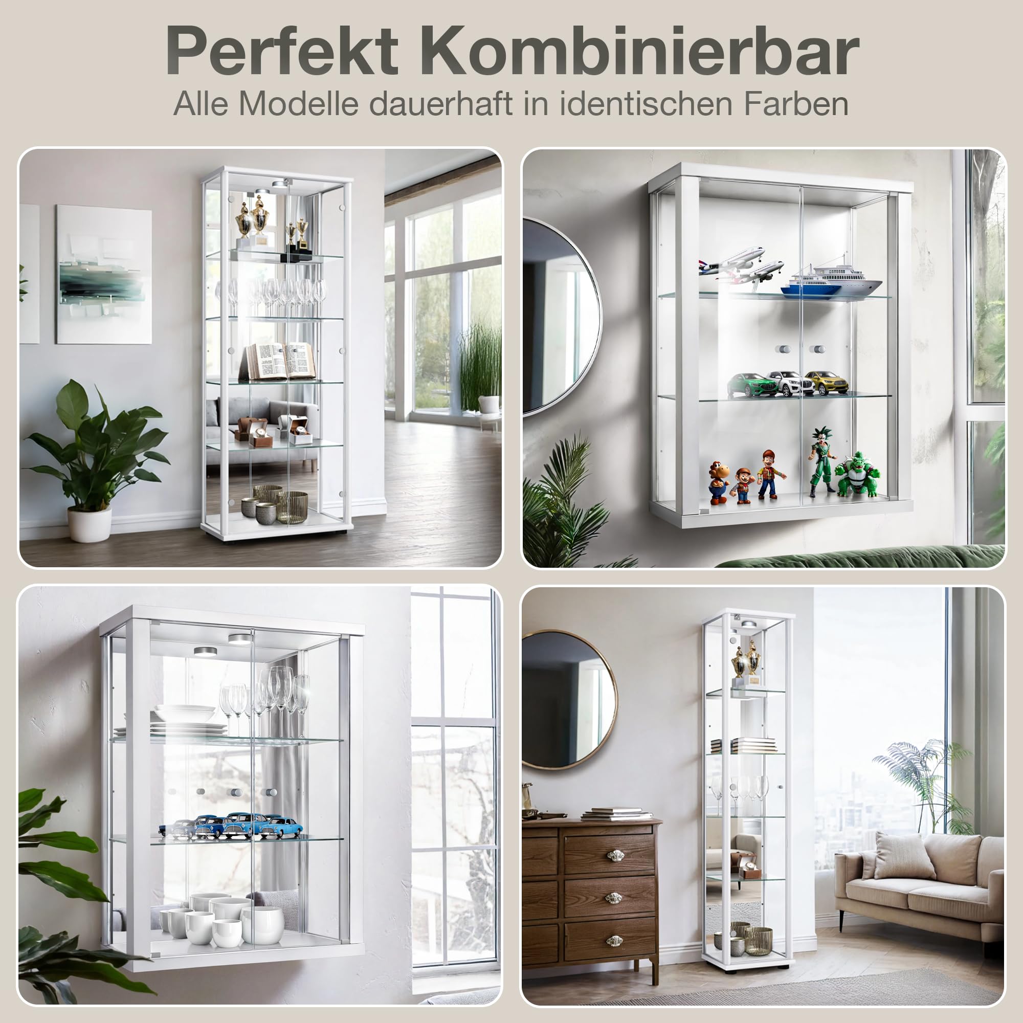 Vitrinenschrank 2-türig (176x67x33cm) - Made in Germany - Standvitrine Weiss mit 4 höhenverstellbaren Glasböden & LED - Glasvitrine Stehend - Vitrine Glas - Display Cabinet