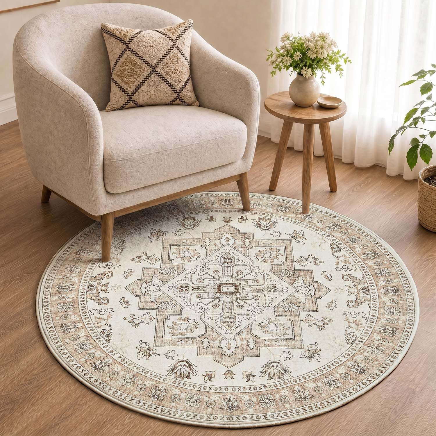 TOPICK Vintage Large Round Rugs for Living Room 120cm, Washable Non Slip Circle Rugs for Bedroom, Soft Soft Cashmere Texture Area Rug, Lightweight Stain Resistant Printed Rugs, Beige Taupe