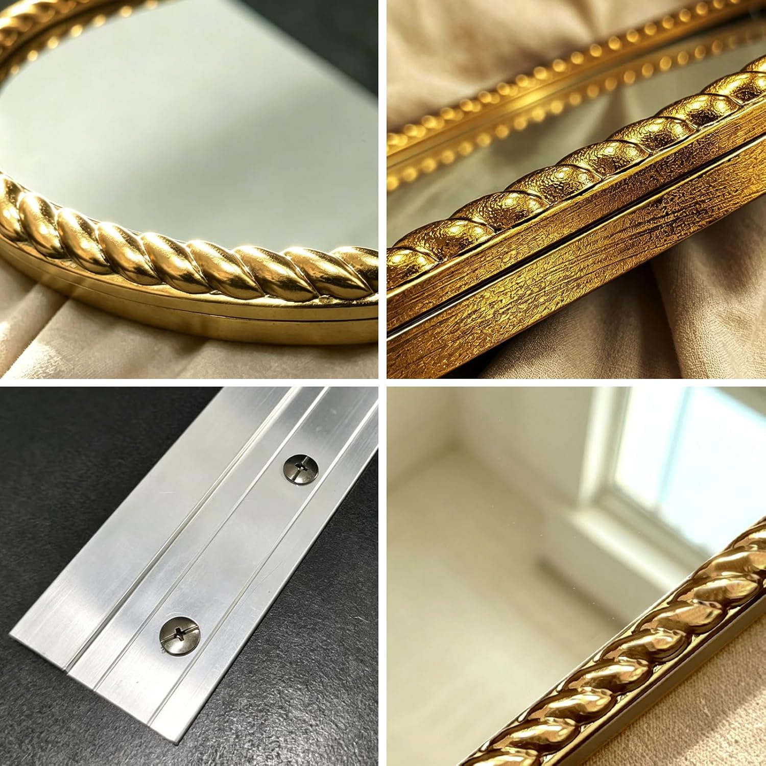 Gold Oval Mirror, 12"x24" Hanging Wall Mirror with Antique Gold Braided Metal Cord Frame, Modern Distressed Wall Decor for Bedroom, Living Room, Entryway