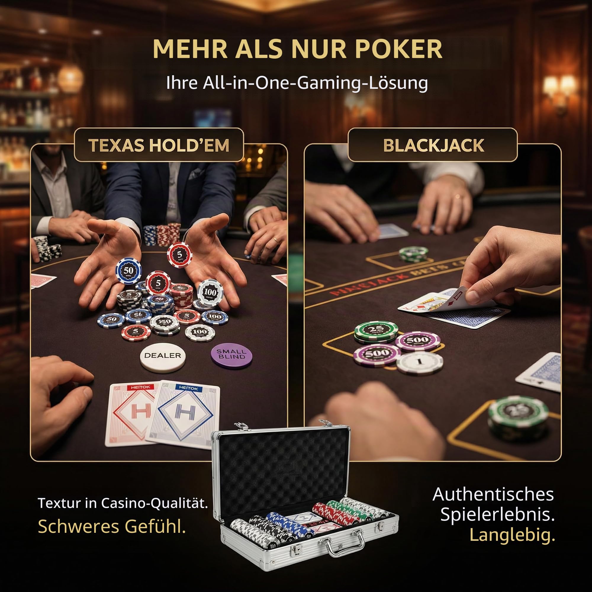HEITOK Pokerkoffer 300 Pokerchips 11,5g Eisenkern nummeriert Texas Holdem | Blackjack, Heimcasino, 2-8 Spieler, lesbare Werte, 2 Decks, 5 Würfel, Dealer+Blind Buttons, Transport, schneller Tischaufbau