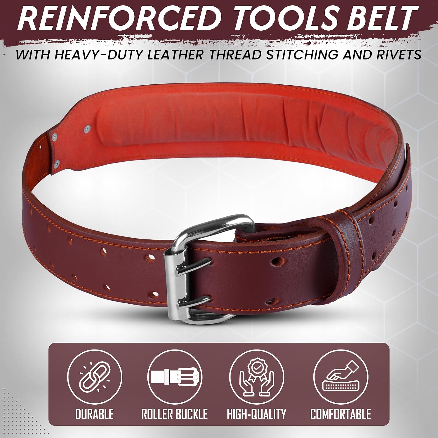 ABRIX Leather Tool Belt for Men – Heavy Duty 28 Pocket Tool Belts with Padded Foam, Adjustable (Fits 30" to 50"), Maroon (Chocolate, Extra Large) (Black, Extra Large) (Maroon)