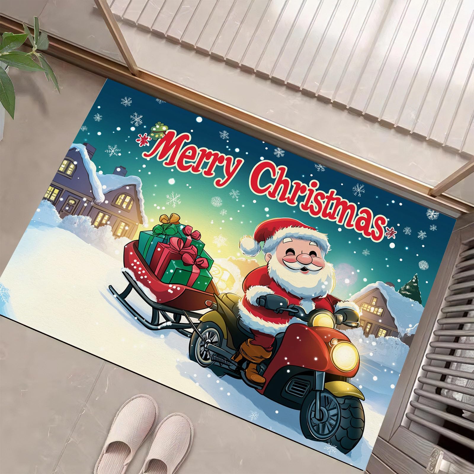 Fußmatte Weihnachten, Niedlicher Cartoon-Weihnachtsmann Teppich, Schmutzfangmatte Waschbar für Innen und Außen, rutschfest Weihnachts Fußmatte für Flur, Wohnzimmer, Badezimmer,90 x 150 cm