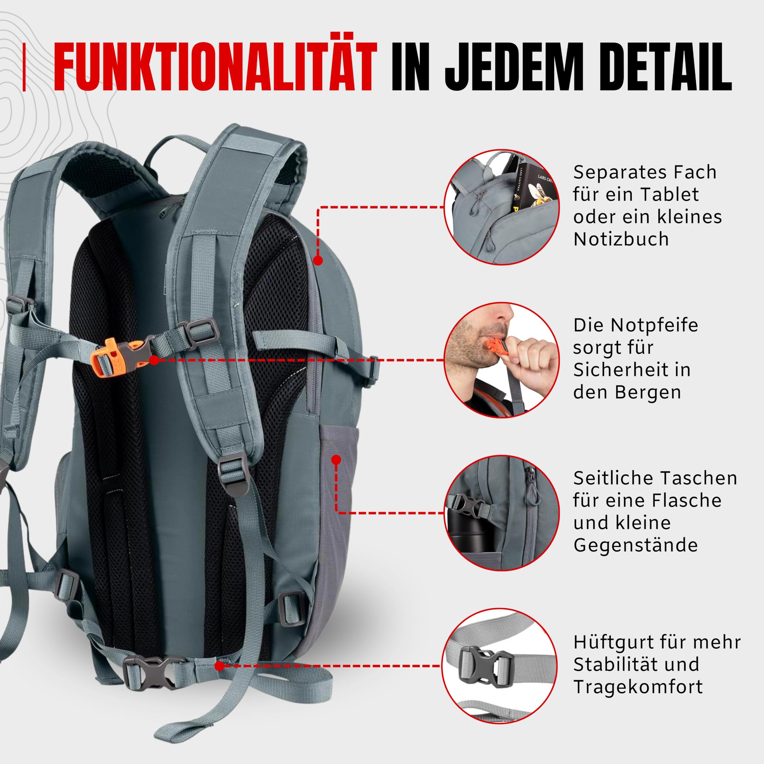 Alpinus Lecco Wanderrucksack 25L Stahlgrau - Trekkingrucksack für Damen und Herren - Leicht Atmungsaktiv Wanderrucksack Herren für Outdoor Camping Wandern, Rucksack für Trekking mit Laptopfach