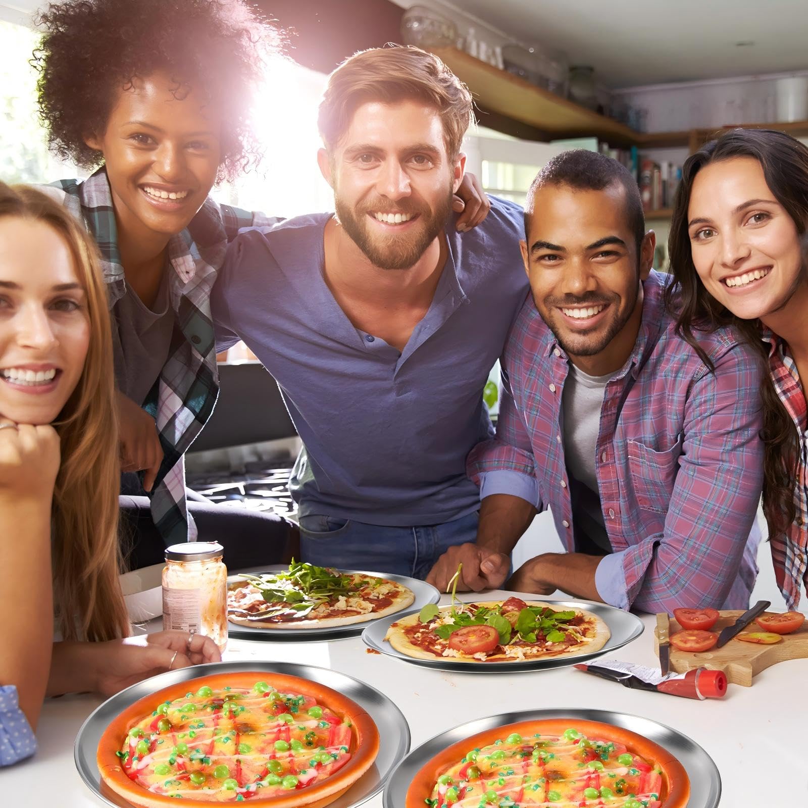 Thenshop Pizzableche aus Edelstahl, 45,7 cm, rund, Backgeschirr, Pizzableche für Ofen, Küche, Backen, Zuhause, Restaurant, sicher, stabil, wiederverwendbar, leicht zu reinigen, mattes Silber, 8 Stück