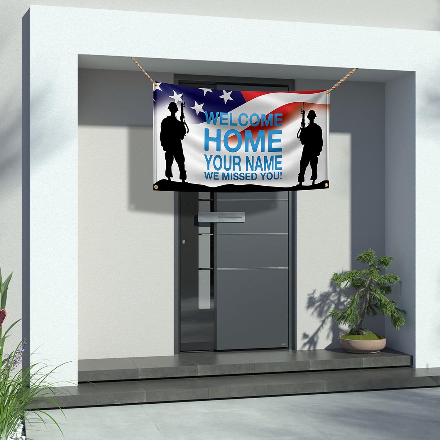 BannerBuzz Welcome Home We Missed You US Soldier Personalized Name Banner 11 Oz Vinyl PVC Flex Banners with Hemmed Edges & Metal Grommets Free (4' X 2')