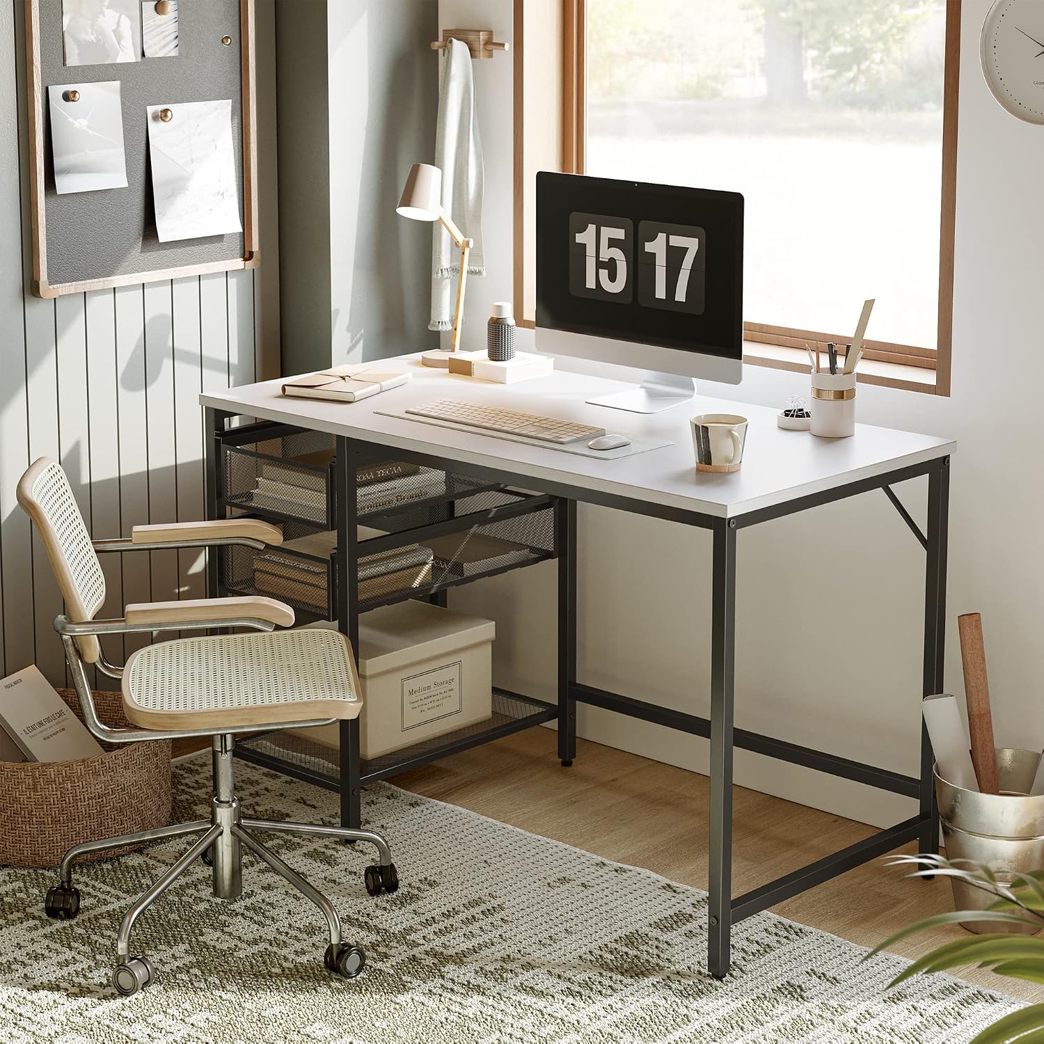 CubiCubi Computer Desk with Drawers, 47 Inch Office Desk with Storage Shelves, Modern Writing Study Work Desk for Home Office, White