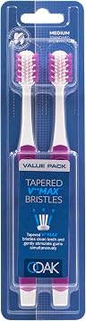 Ooak Toothbrush, Tapered V++Max Med Bristles, 2 Pack Pink