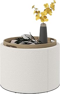 HOMCOM Round Storage Ottoman with Flip Top Tray, Upholstered Fabric Foot...