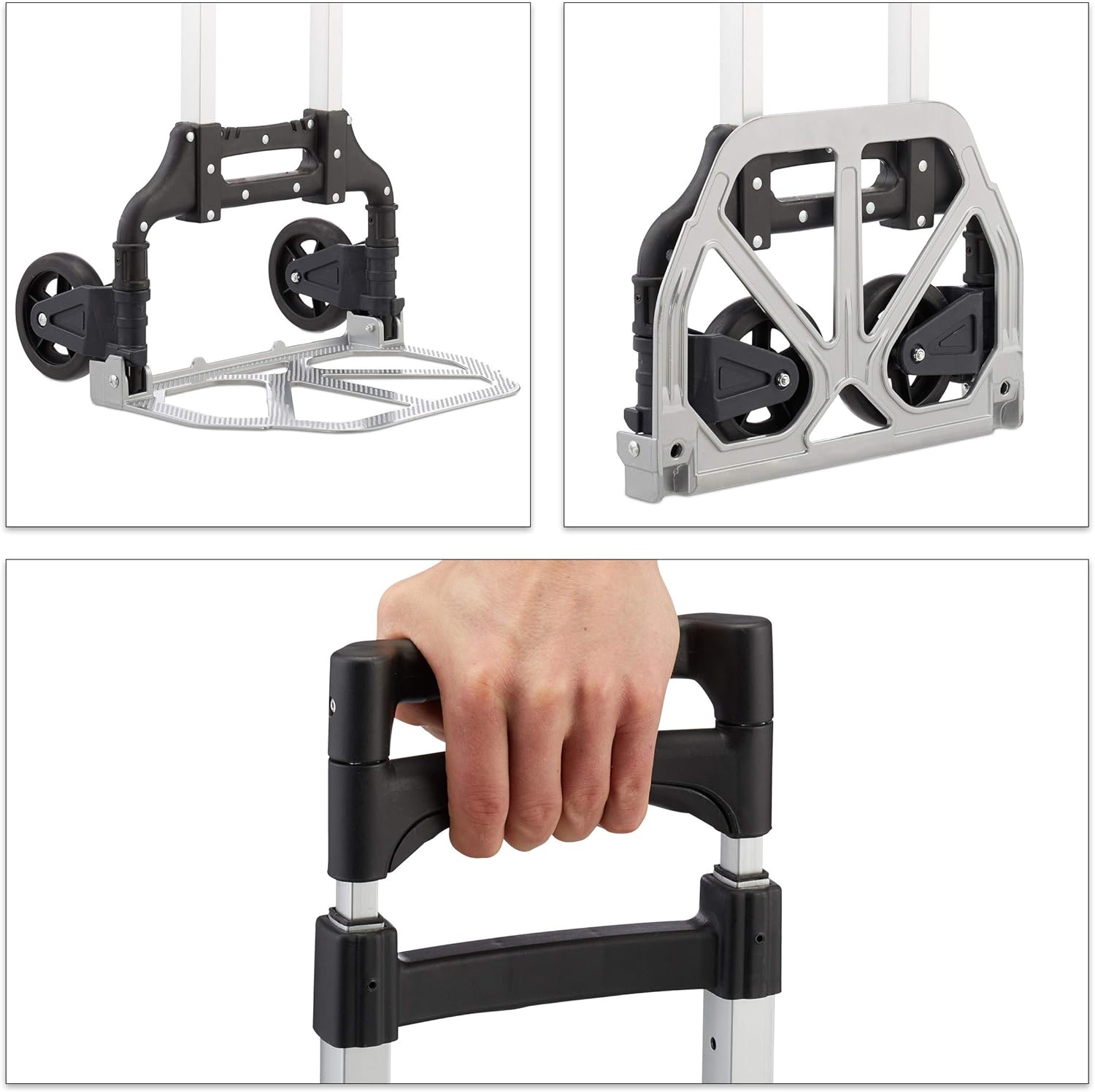 🔥 Hot Deals Relaxdays 10026088, Silver Hand Truck Foldable, Transportation Cart Up to 70 kg, PU Wheels, Height Adjustable, Dolly for Stairs