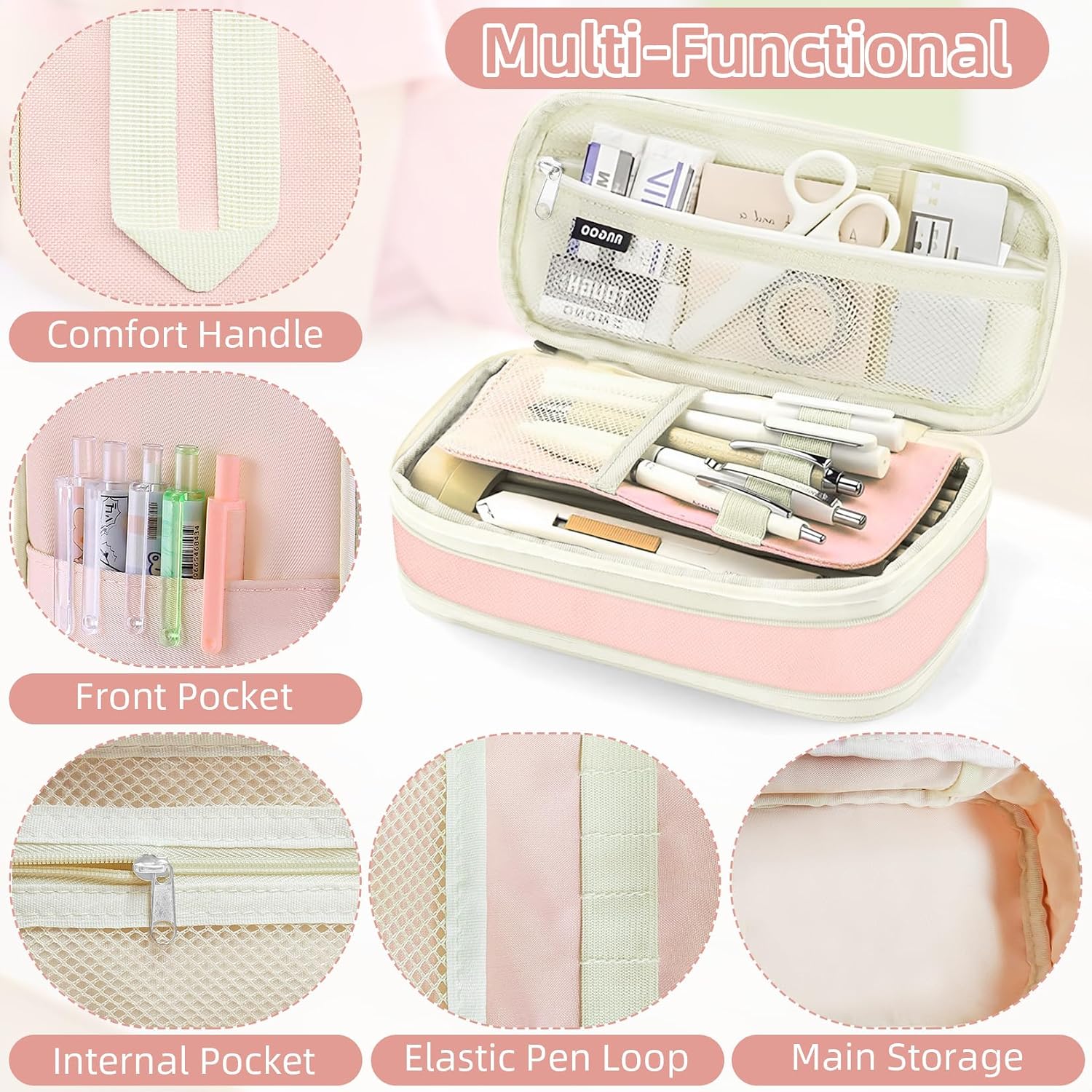 Preppy Pencil Case for Girls, Large Initial Pencil Pouch for School Supplies, Portable Pink Pen Bag with Zipper, Cute Aesthetic Pen Box, Compartments Stationary Organizer for Kids Teens Adults image 3