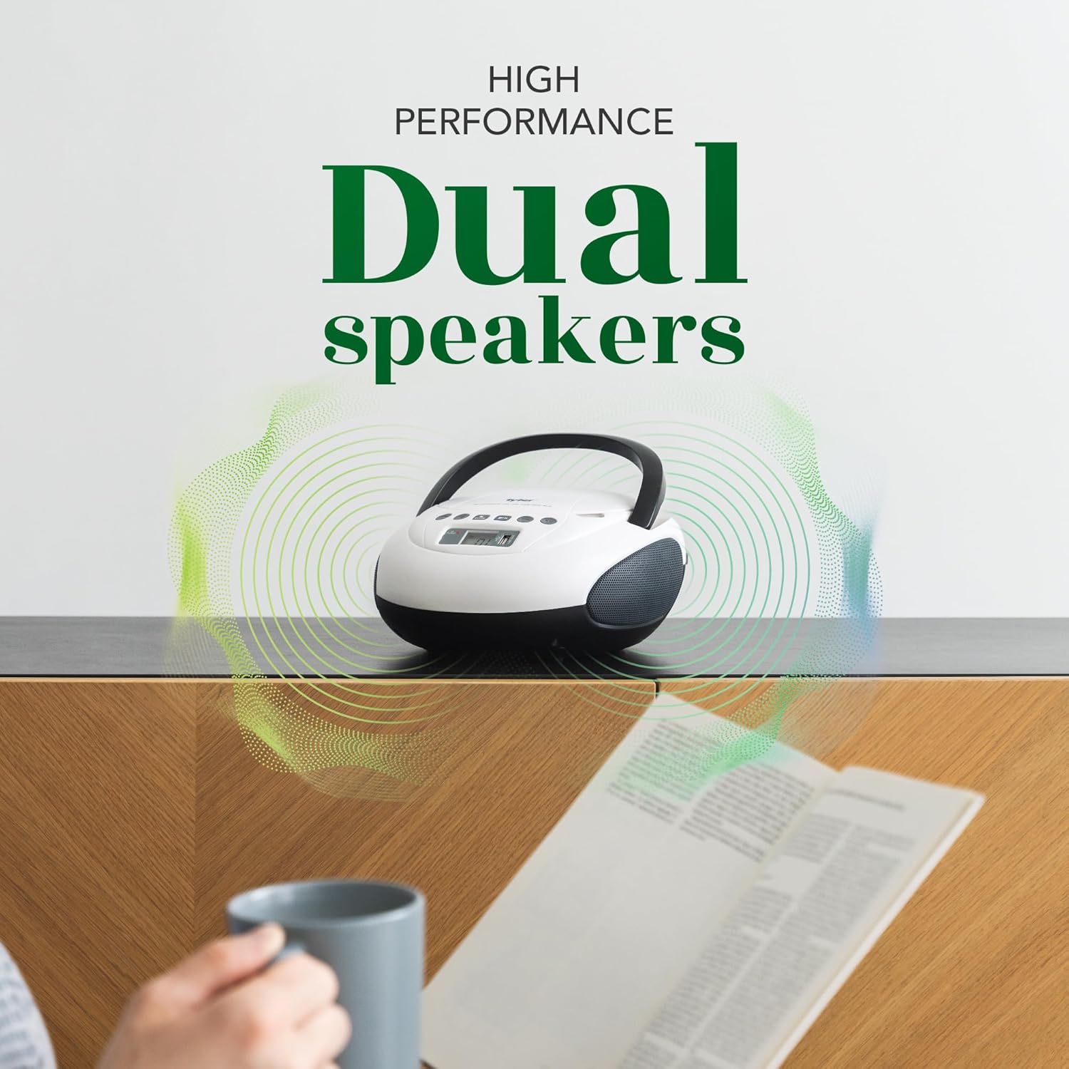 Tyler Portable CD Player Boombox with FM Radio, Bluetooth, and USB Port | Clear Stereo Sound | CD-R/RW and MP3 CDs Compatible | 3.5mm Aux Input and Headphone Jack | TAU107 - White
