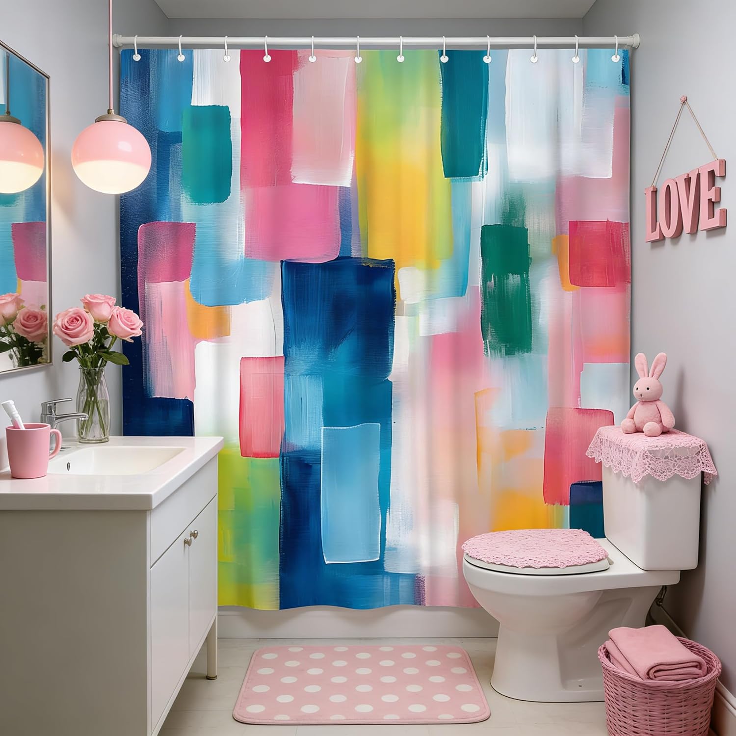 Abstract Watercolor Shower Curtain Blue and Pink Teal Blocks Geometric Modern Contemporary Colorful Aesthetic Minimalist Bathroom Polyester Curtains Set with Hooks 70x84 Inch