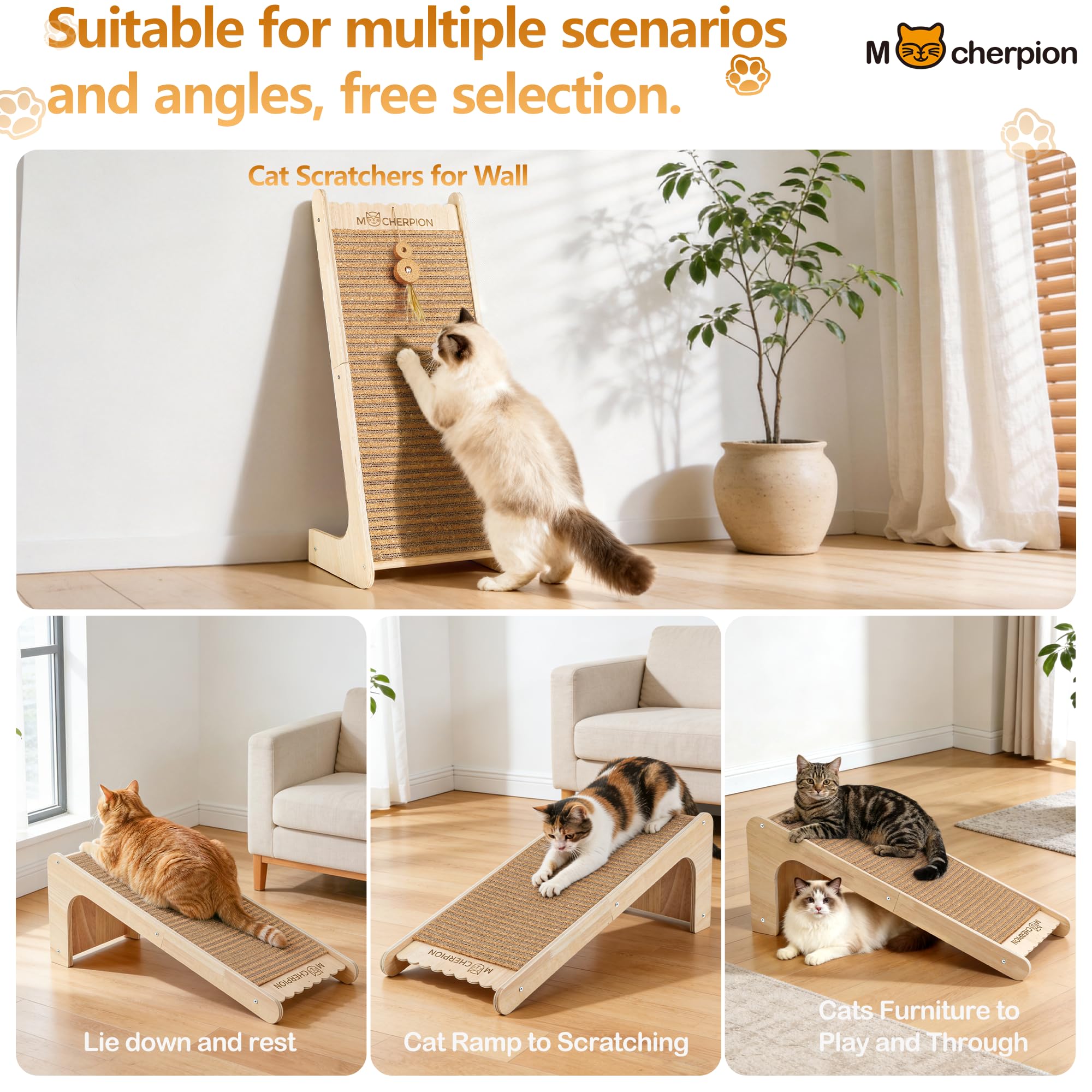 Rascadores de corcho natural para gatos, almohadillas para rascar para interiores, rampa para gatos, cartón para rascar gatos con juguete, uso reemplazable, respetuoso con el medio ambiente