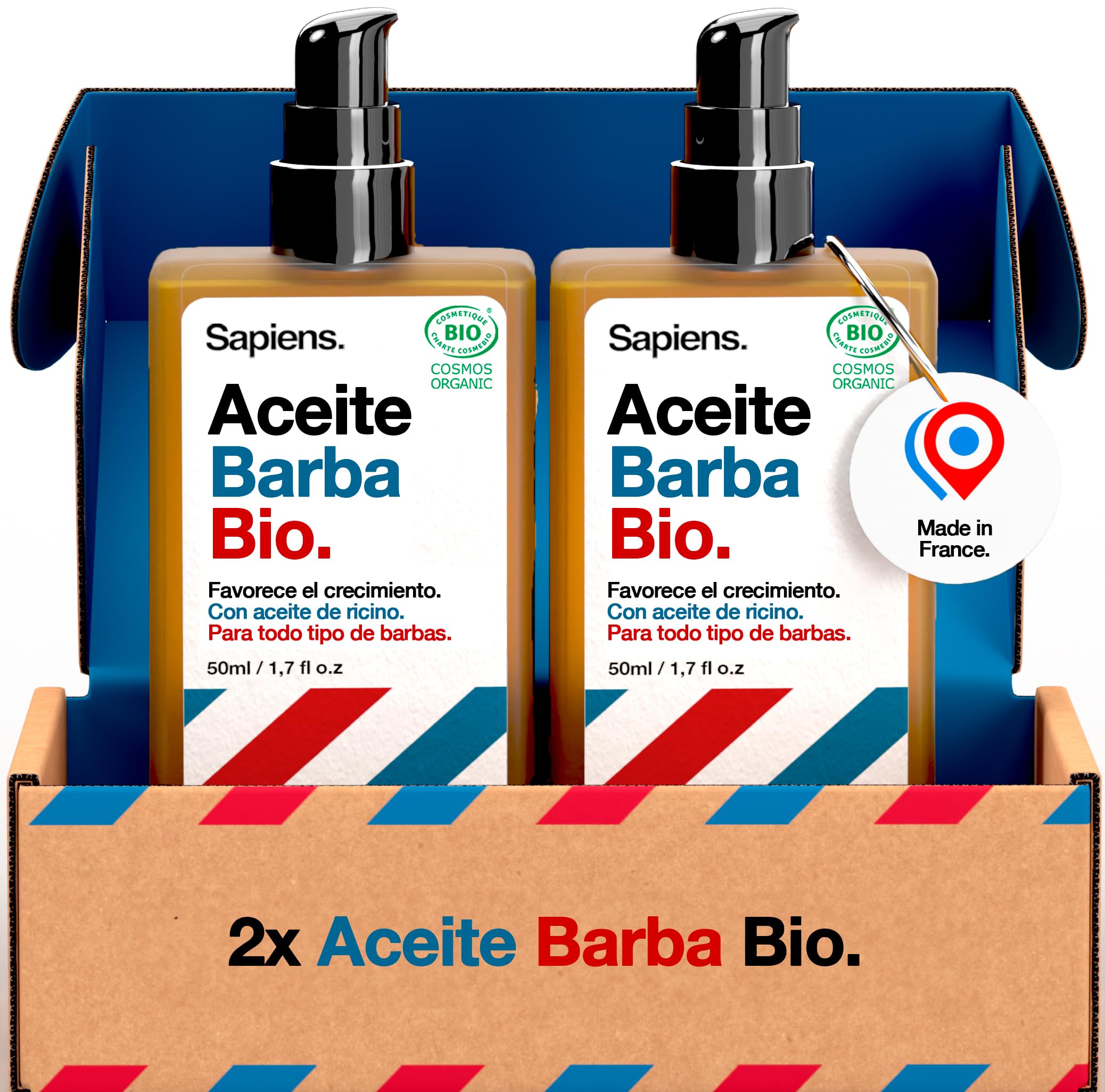 Sapiens Barbershop Aceite Barba Hombre Orgánico - Cuidado Barba Hombre con Aceite de Ricino - Certificado Ecocert - Hidrata y Favorece el Crecimiento Barba - 50 ml (Paquete de 2)