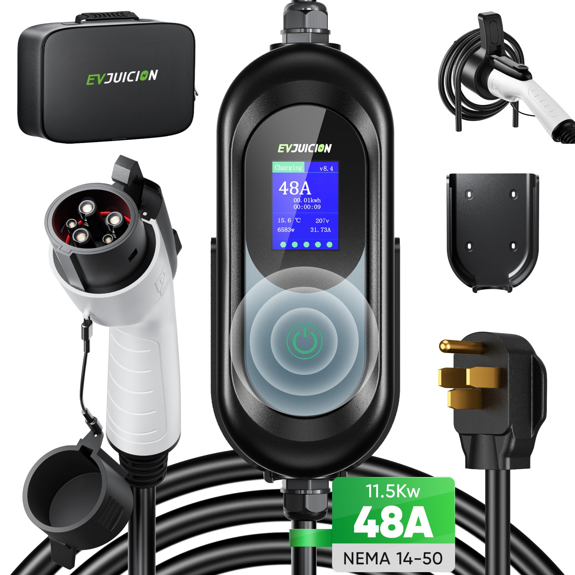 Level 2 EV Charger, 48Amp 240v Nema 14-50 Plug EV Chargers for Home Level 2，21ft Extension Cord Portable Electric Vehicle EV Charger for J1772 EVs with Wall Connector and Holder