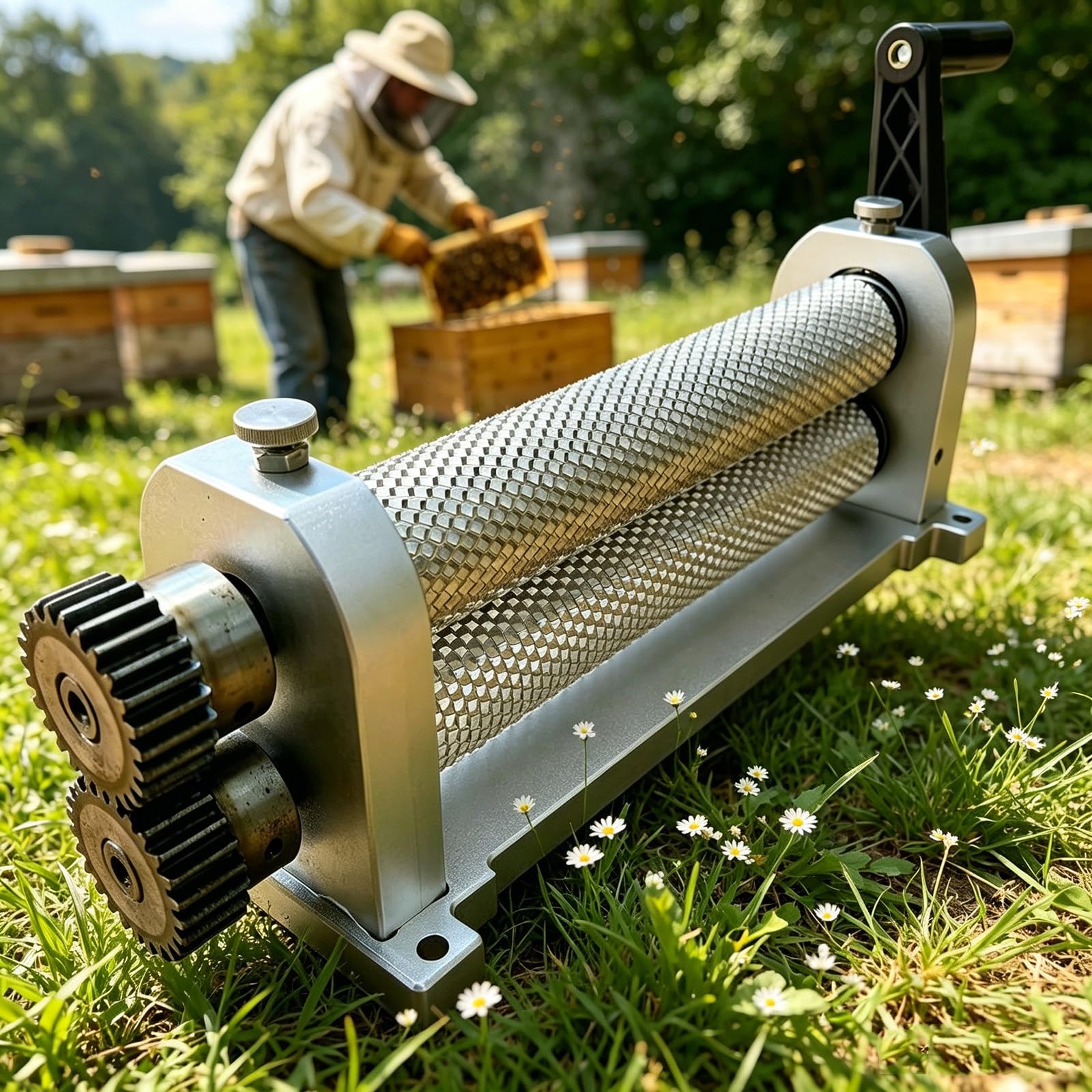 Molinillo manual de cera de abeja, herramienta de apicultura de aleación de aluminio para producción de chapa metálica con tamaños de celdas intercambiables (4,9 mm)