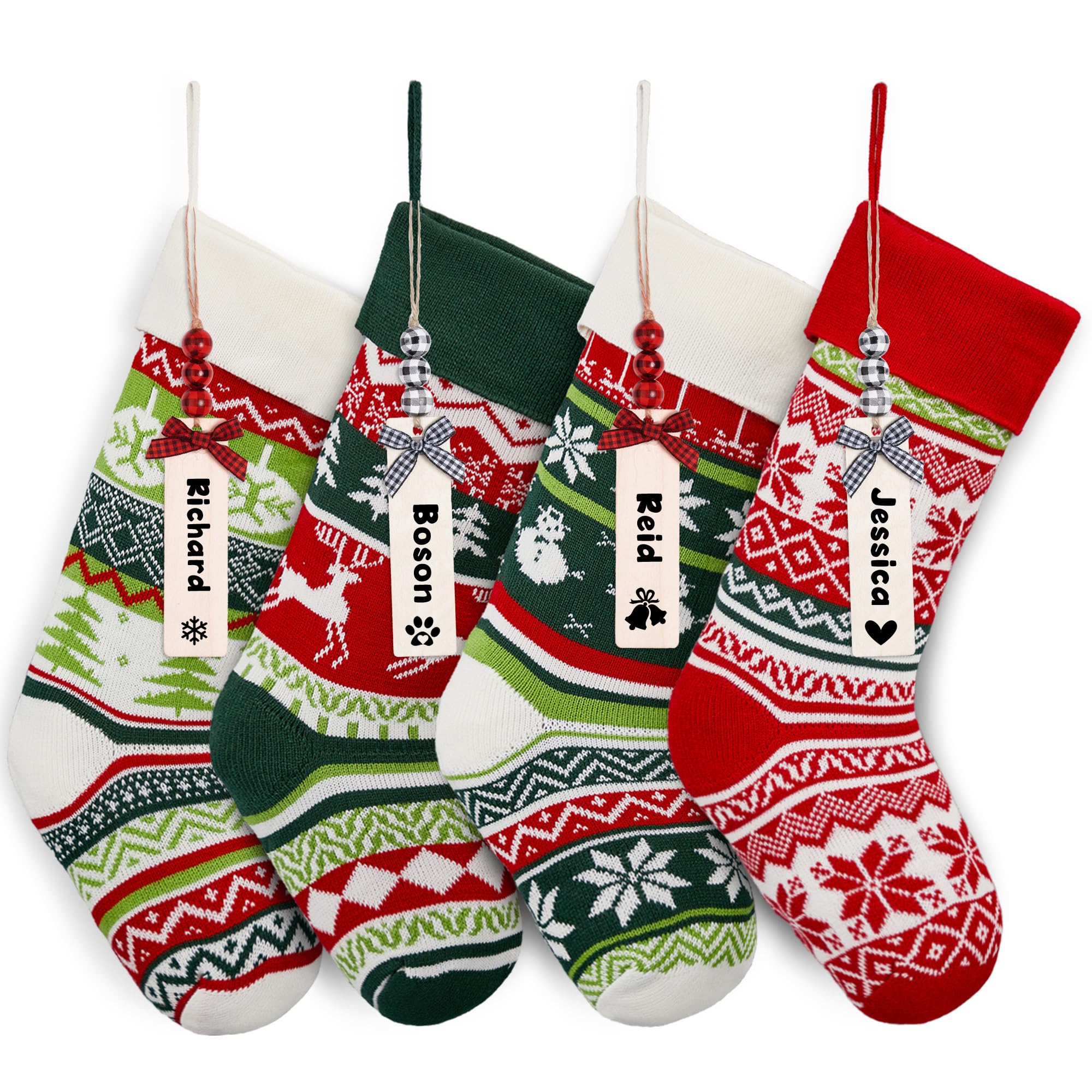 Mostop Confezione da 4 calze natalizie a maglia, 45,7 cm, a treccia, renna, fiocco di neve, pupazzo di neve, calze natalizie con 20 supporti a stella per Natale, vacanze, feste di Natale, decorazioni