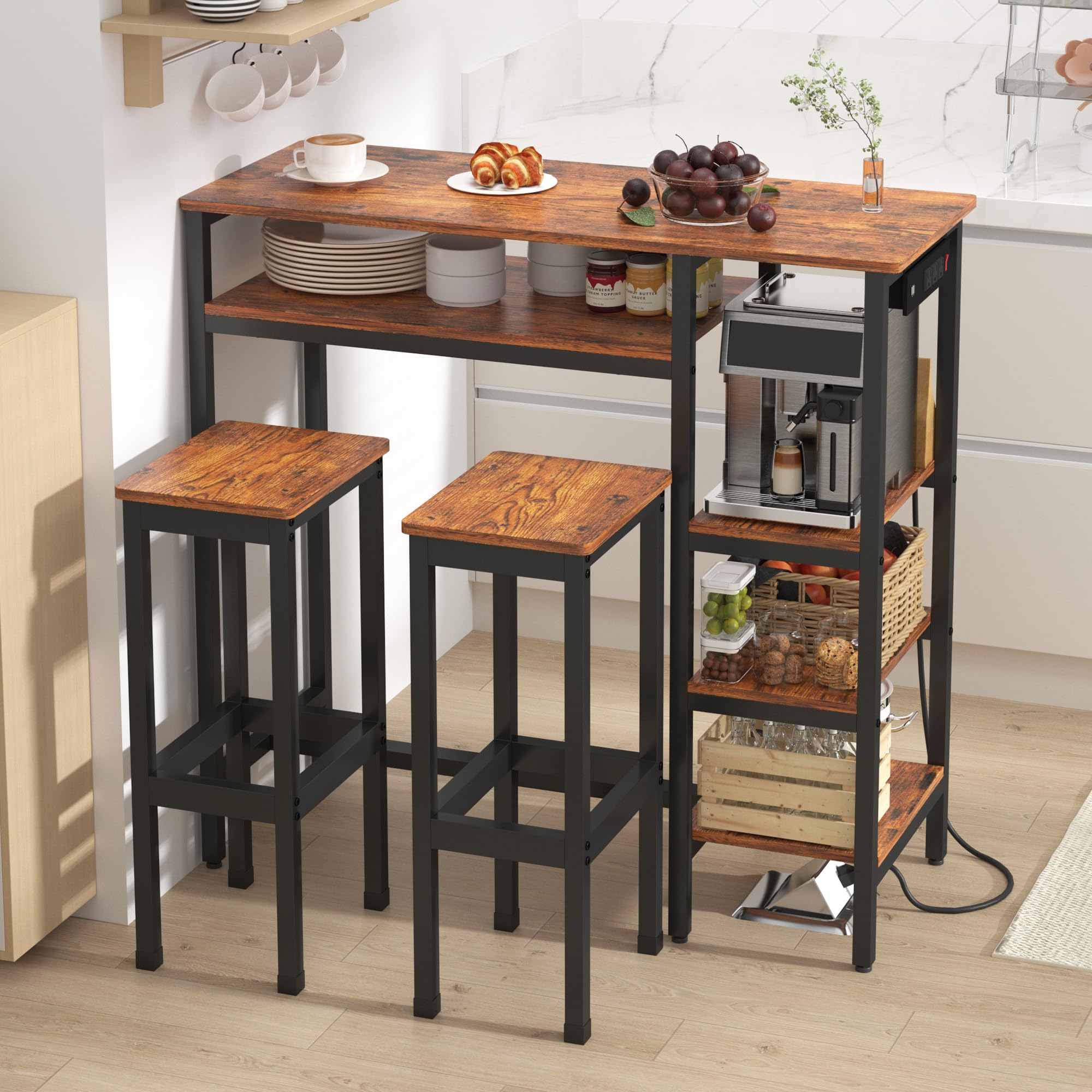Chnnmbrn Bar Table and Chairs Set for 2,3-Piece Dining Set with Power Ooulets,Industrial Bar Table Set with Storage Shelves, Kitchen Counter Height