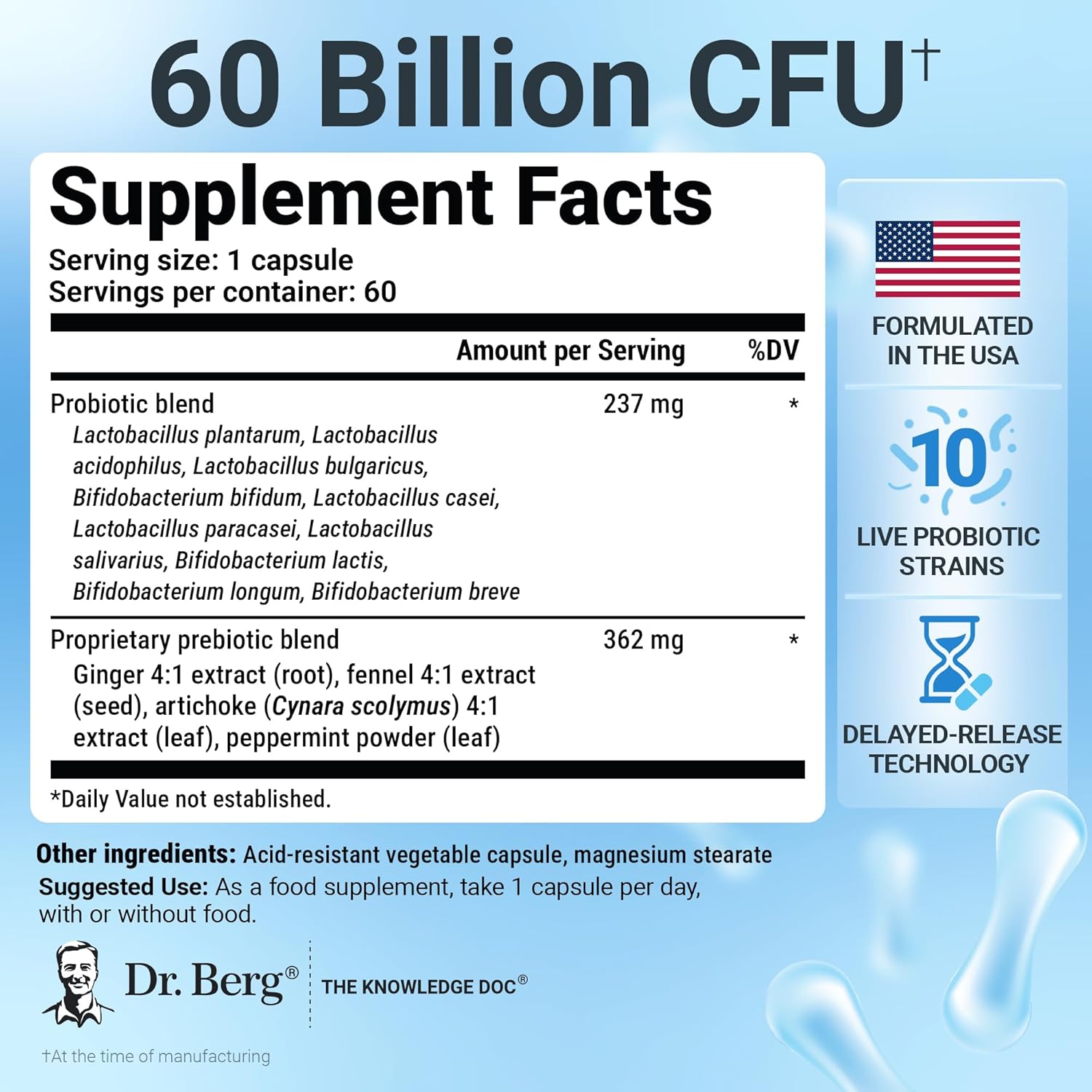 Dr. Berg Probiotic Supplement (60 Billion CFUs) - Helps Ease Occasional Constipation, Diarrhea, Gas & Bloating* - Pre and Probiotics for Digestive Health - 60 Probiotic Capsules