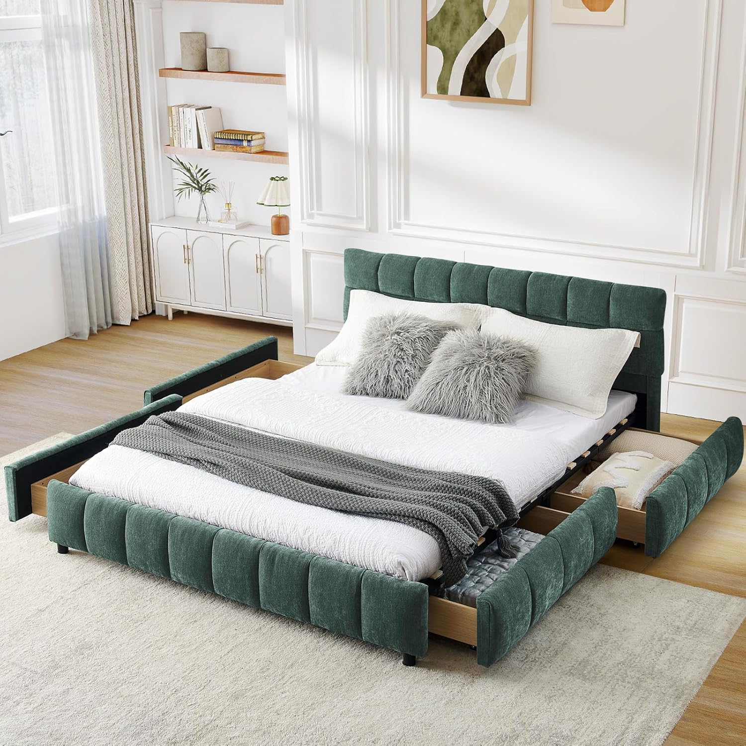 Upholstered Bed Frame Queen Size with 4 Storage Drawer & Tufted Headboard, Modern Chenille Floor Bed with Wood Slat Support, No Box Spring Needed for Bedroom Guest Room, Easy Assembly, Green