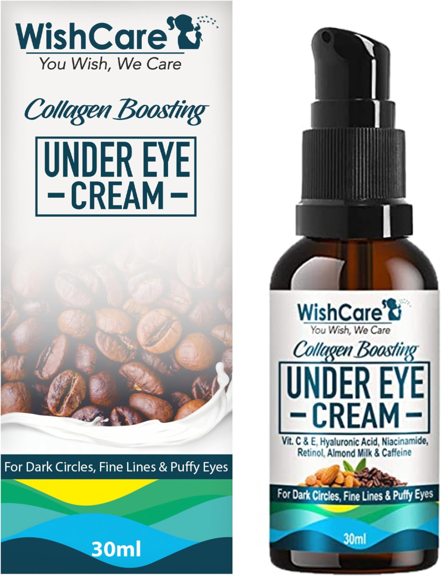 WishCare ® Collagen Boosting Under Eye Cream For Dark Circles & Wrinkles - Enriched with Caffeine, Almond Milk, Vitamin C& E, Hyaluronic Acid, Retinol for all skin type - 30ml