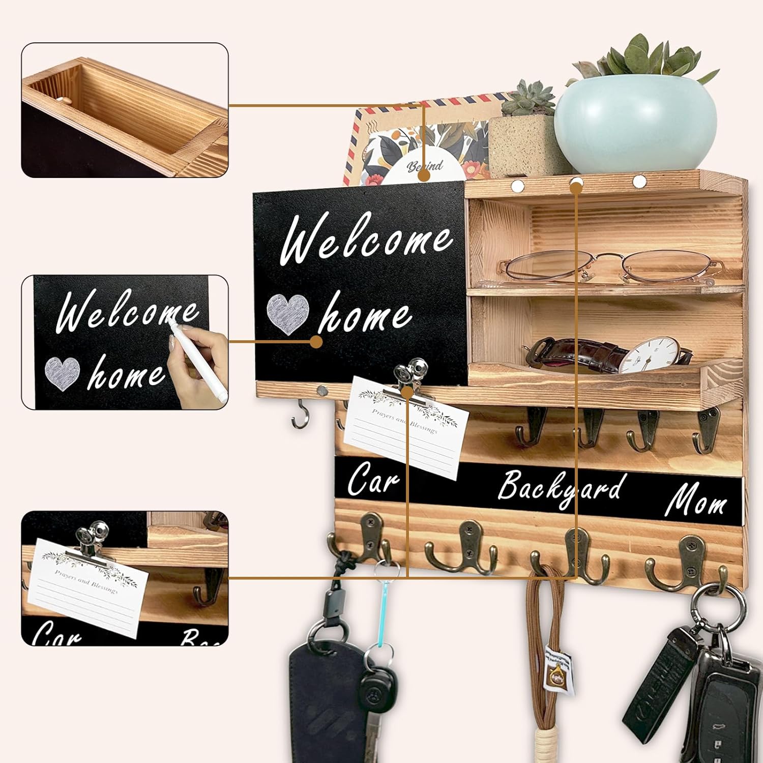Key Holder for Wall Mounted Keys and Mail Holder Decorative Farmhouse Organizer Wall Hanger with Hooks Small Key Shelf for Home Entryway Hallway Bedroom Decor New Home Gift